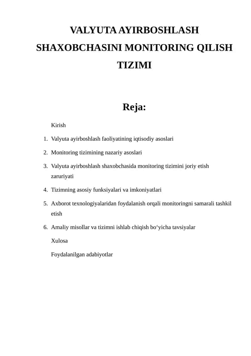 VALYUTA AYIRBOSHLASH SHAXOBCHASINI MONITORING QILISH TIZIMI