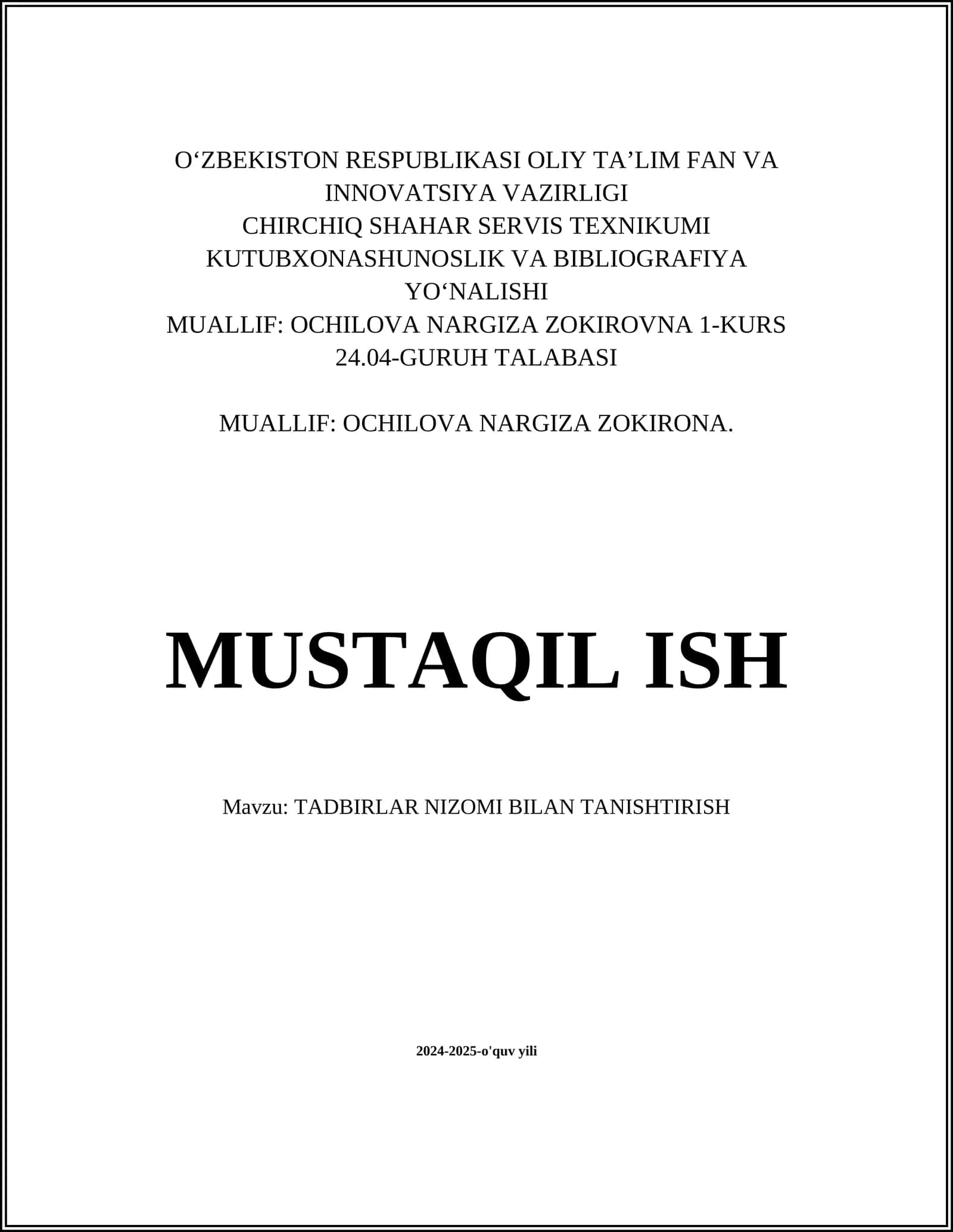 Tadbirlar Nizomi Bilan Tanishtirish