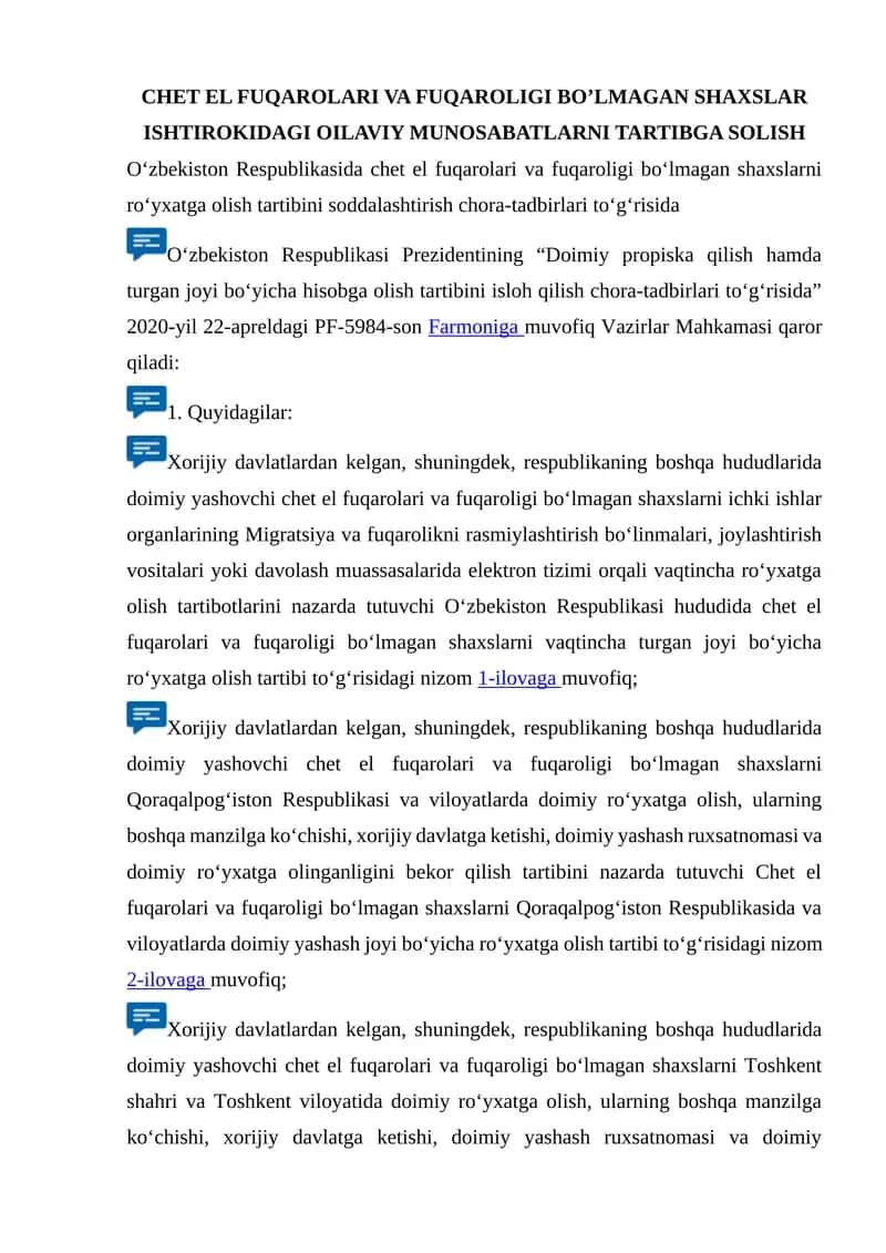 CHET EL FUQAROLARI VA FUQAROLIGI BO’LMAGAN SHAXSLAR ISHTIROKIDAGI OILAVIY MUNOSABATLARNI TARTIBGA SOLISH