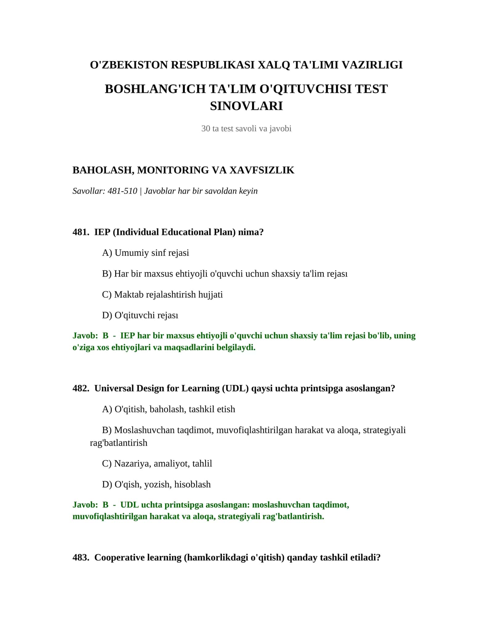 BOSHLANG'ICH TA'LIM O'QITUVCHISI TEST SINOVLARI