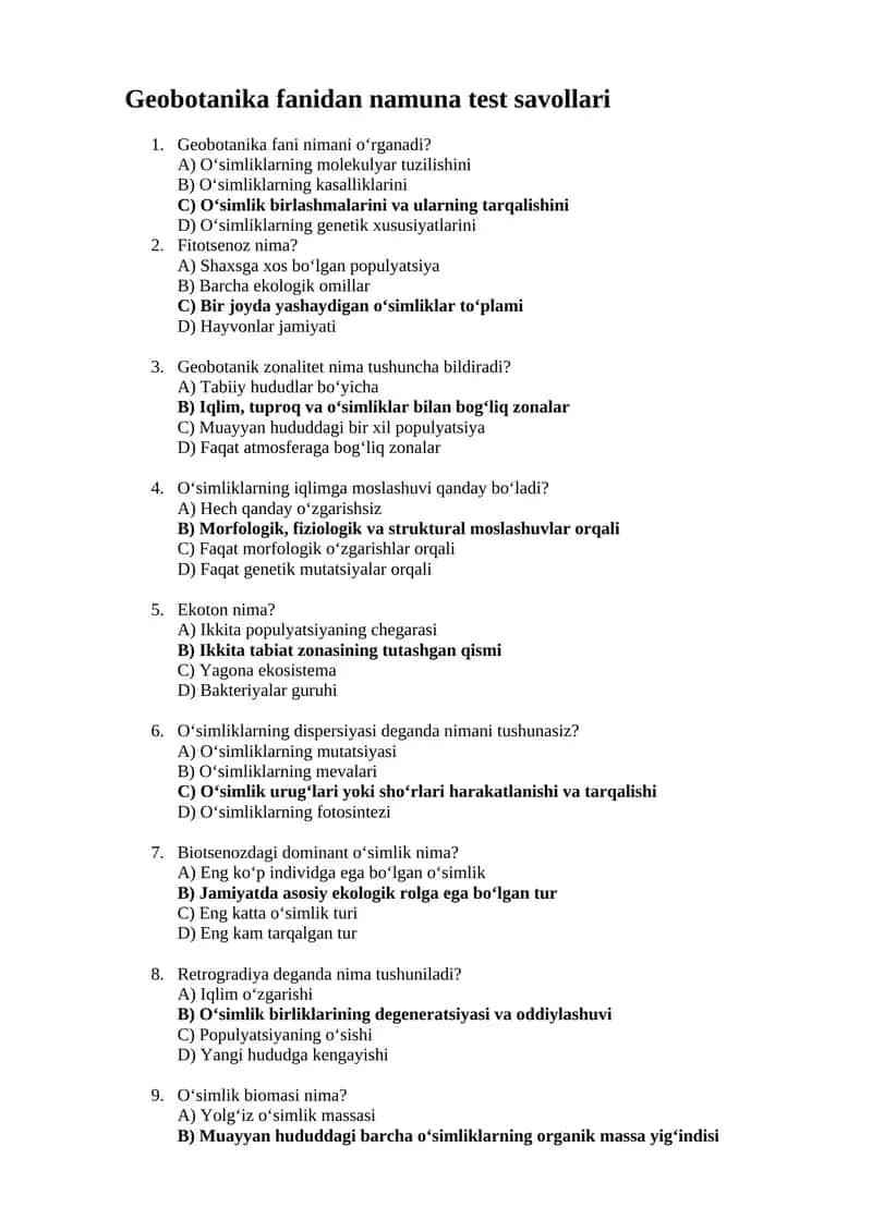 Geobotanika fanidan namuna test savollari