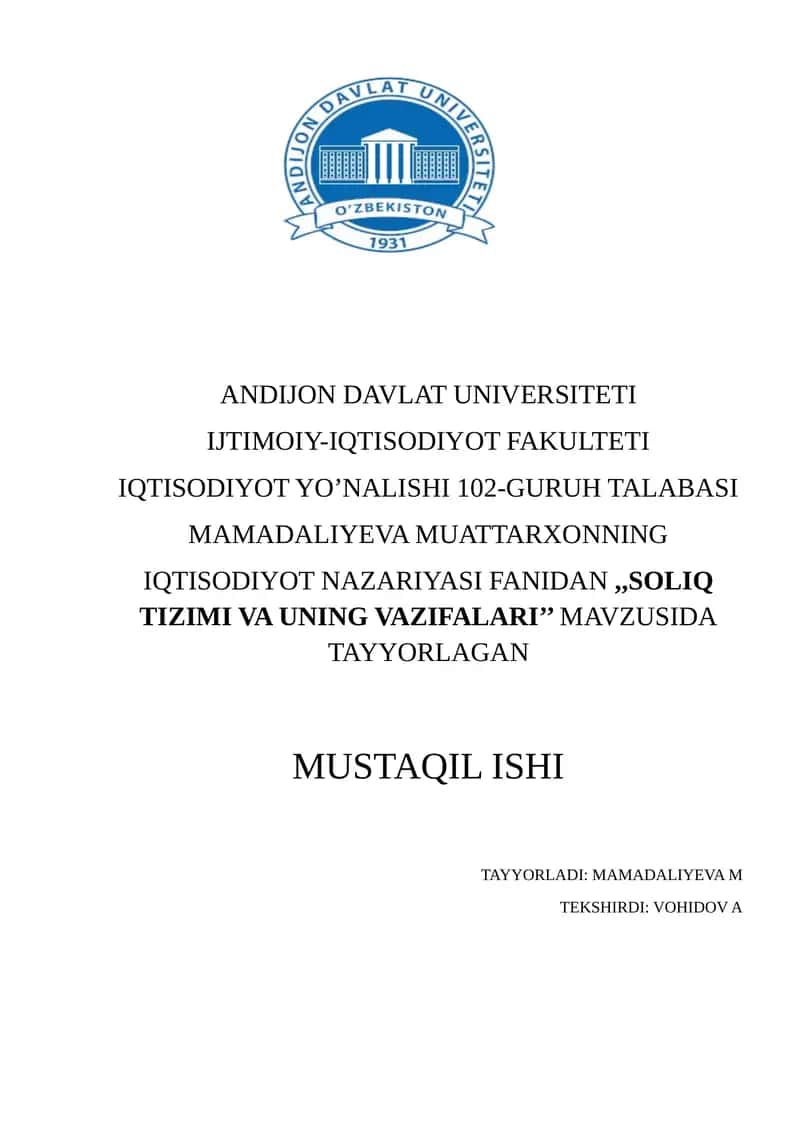 Soliq Tizimi va Uning Vazifalari