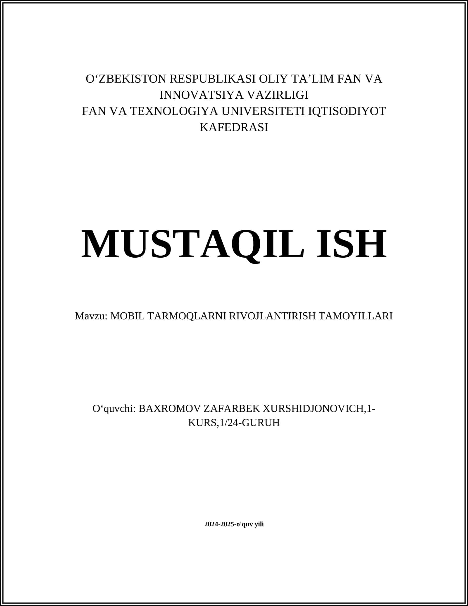 MOBIL TARMOQLARNI RIVOJLANTIRISH TAMOYILLARI