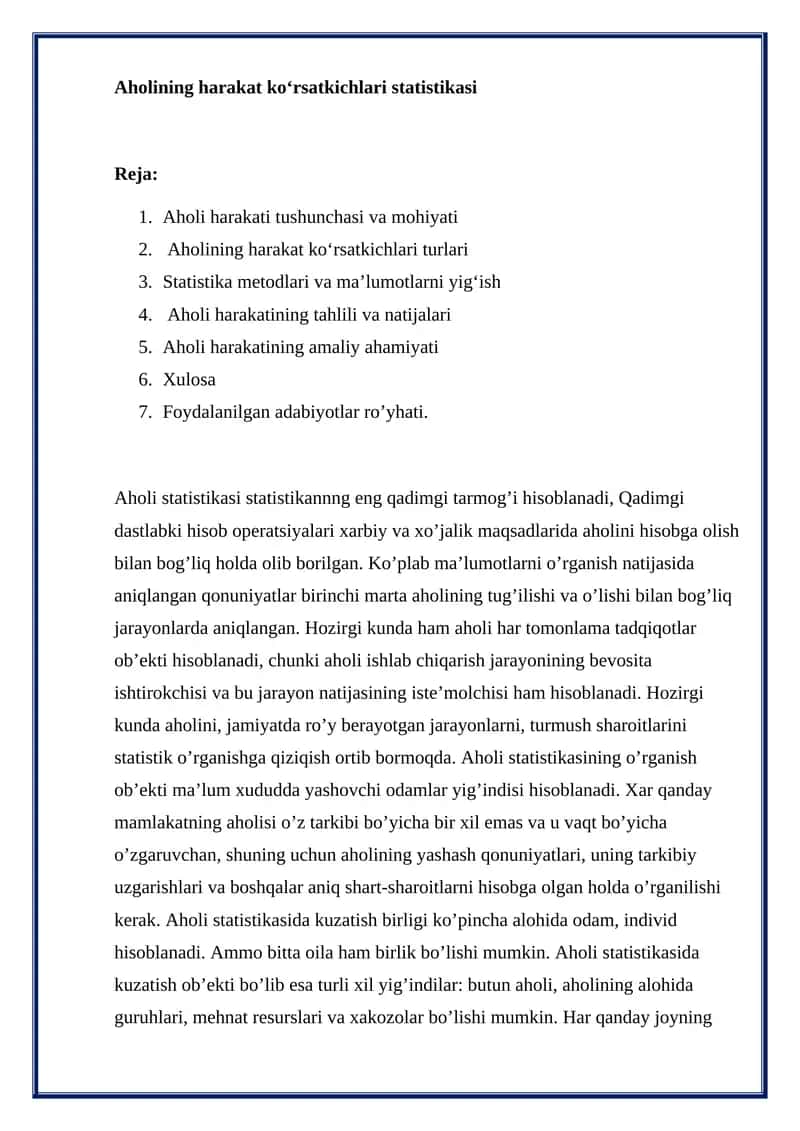 Aholining harakat koʻrsatkichlari statistikasi