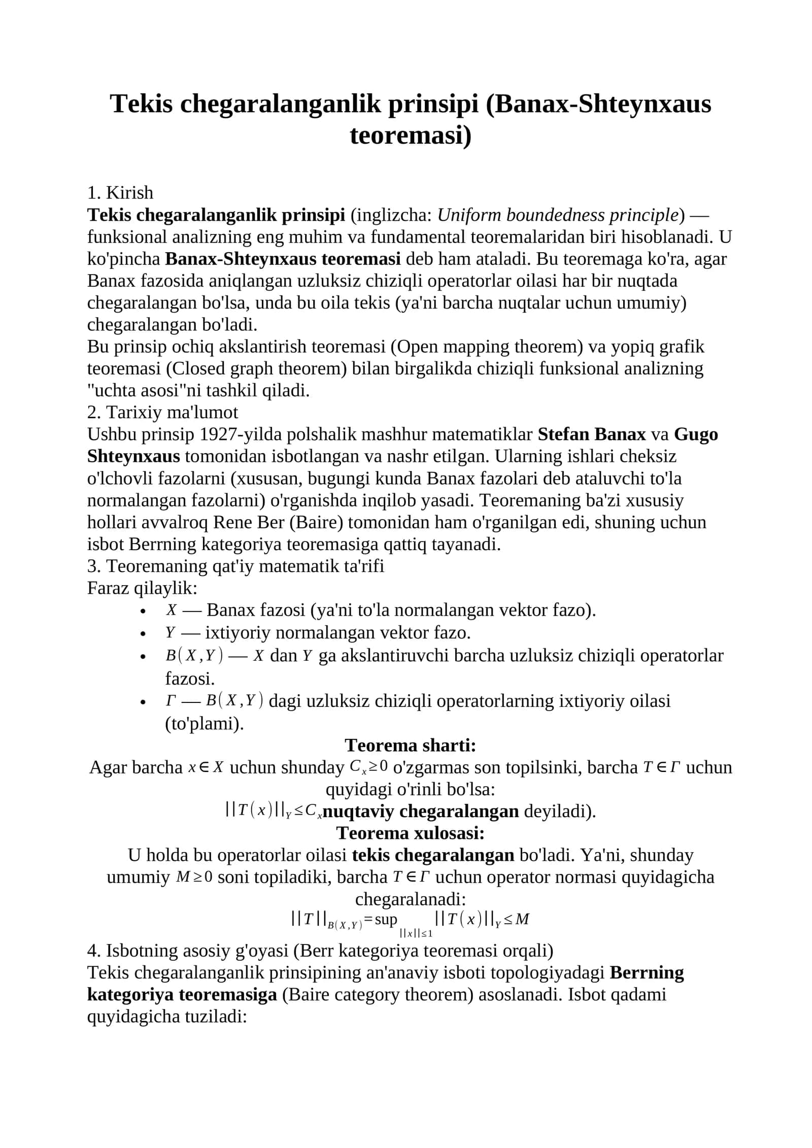 Tekis chegaralanganlik prinsipi (Banax-Shteynxaus teoremasi)