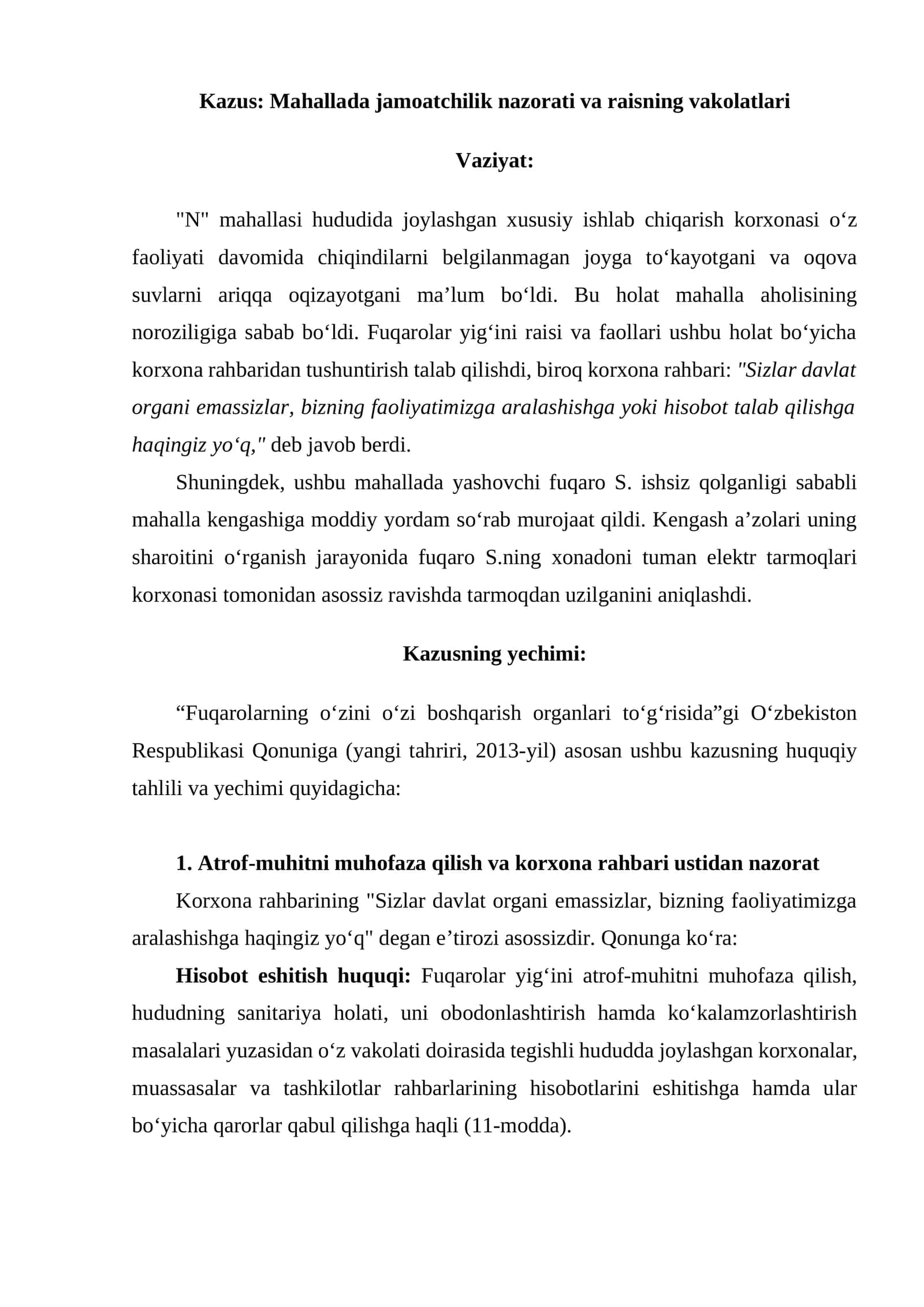 Mahallada jamoatchilik nazorati va raisning vakolatlari