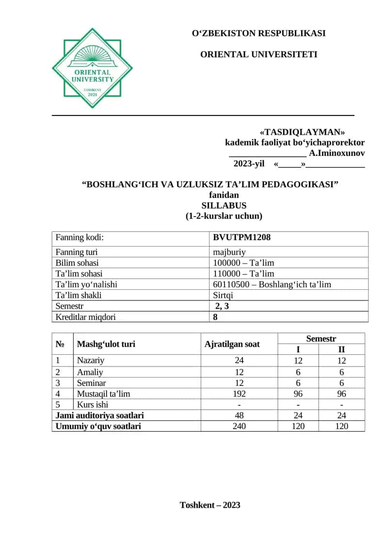 Boshlang‘ich va uzluksiz ta’lim pedagogikasi