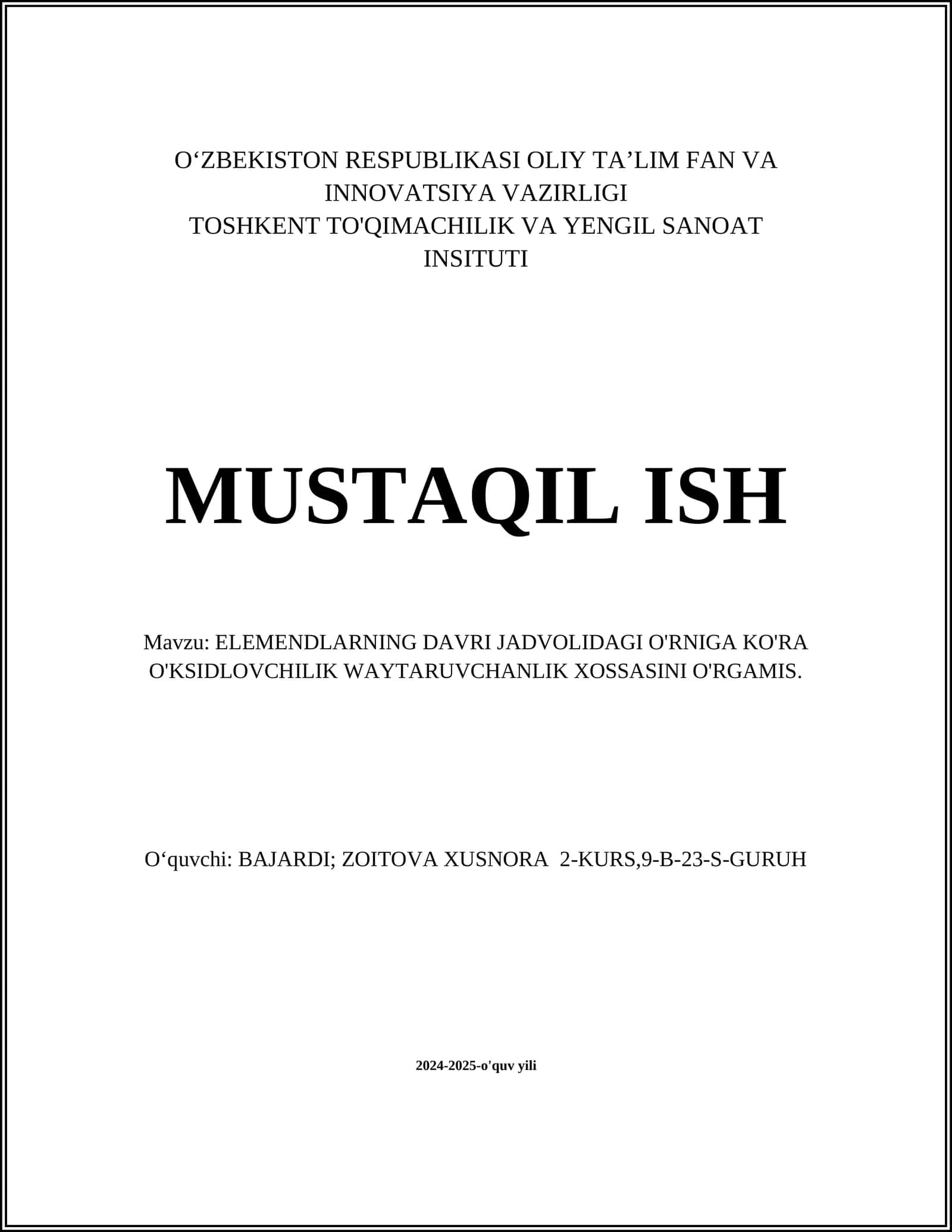 Elementlarning oksidlovchi xossalari
