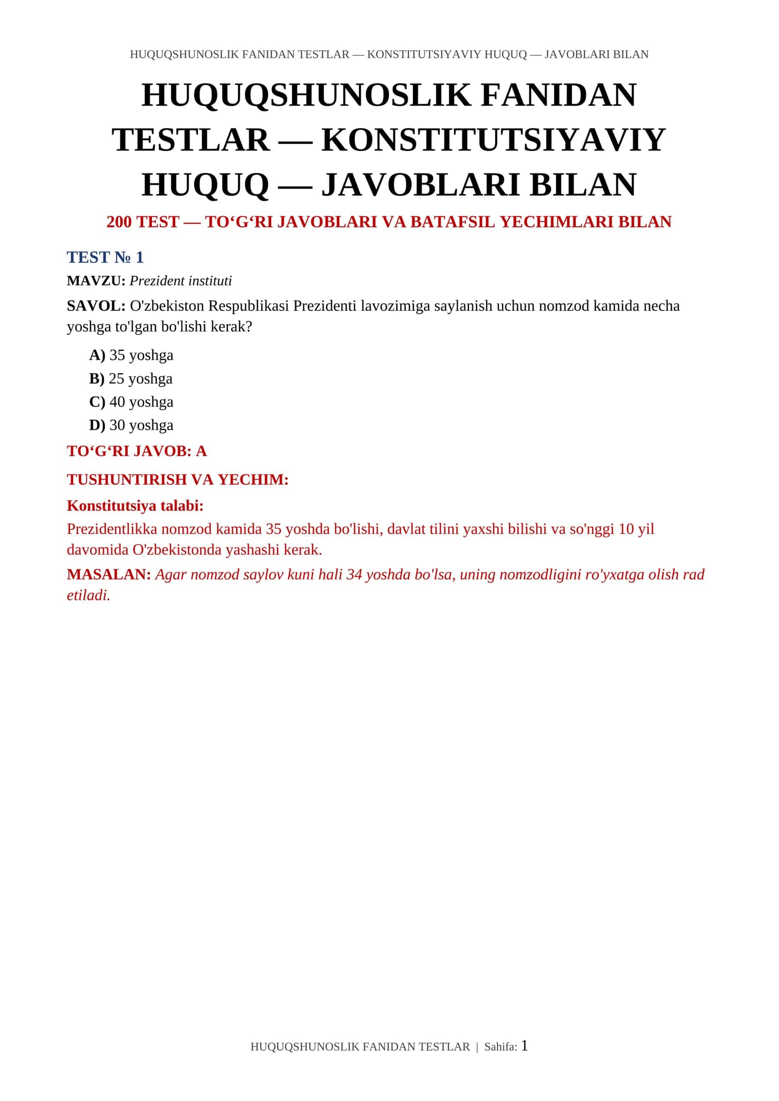HUQUQSHUNOSLIK FANIDAN TESTLAR — KONSTITUTSIYAVIY HUQUQ — JAVOBLARI BILAN