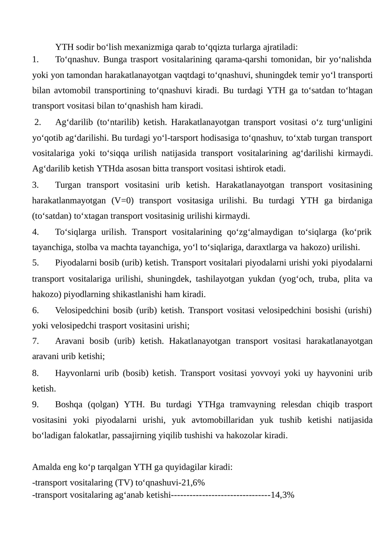 Yo'l-transport hodisalari turlari