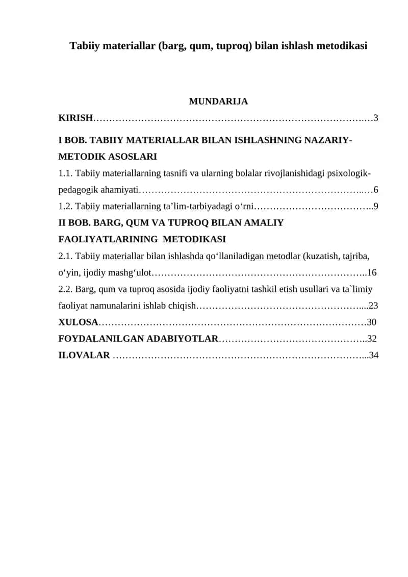 Tabiiy materiallar (barg, qum, tuproq) bilan ishlash metodikasi