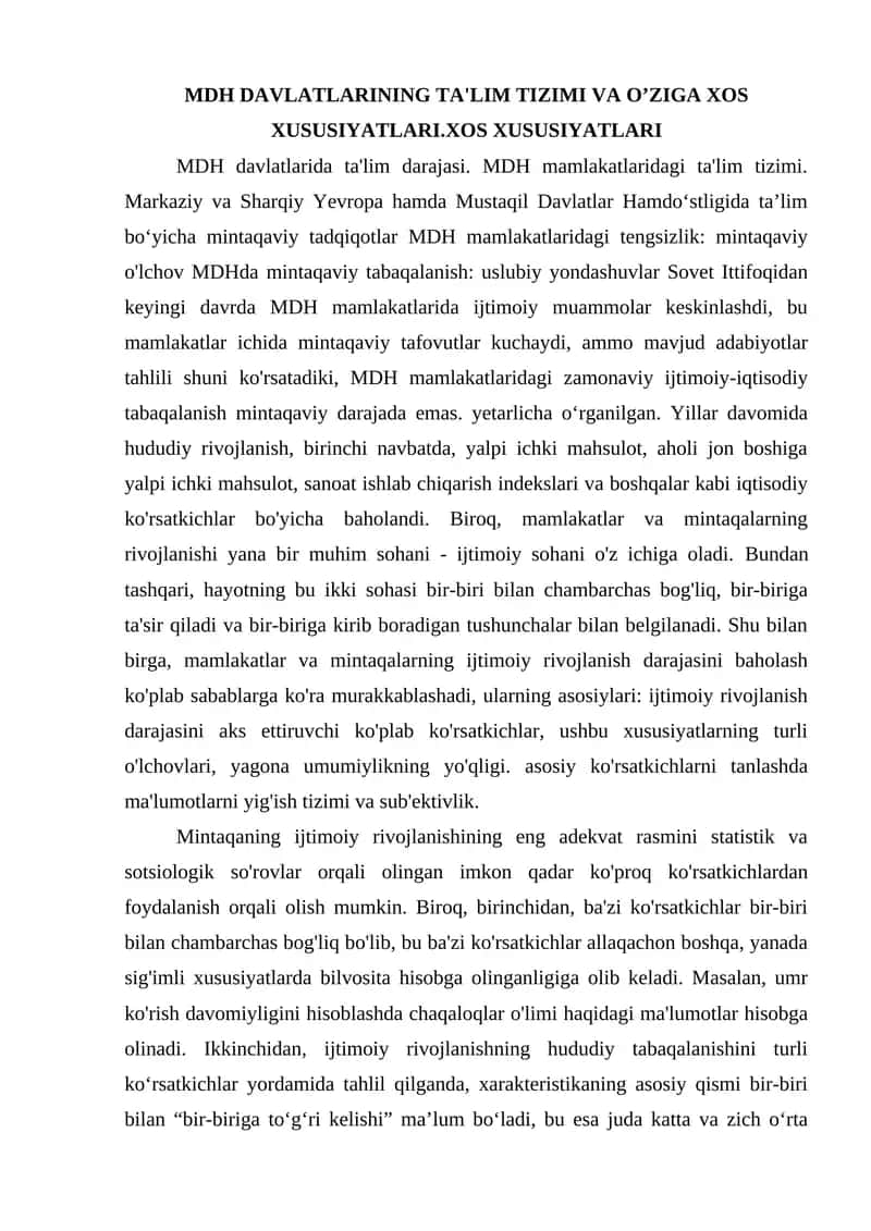 MDH DAVLATLARINING TA'LIM TIZIMI VA O’ZIGA XOS XUSUSIYATLARI.XOS XUSUSIYATLARI