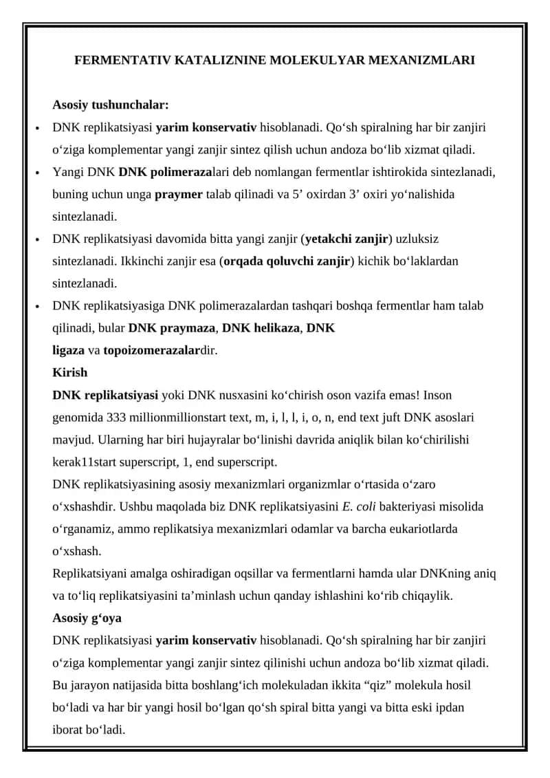 FERMENTATIV KATALIZNINE MOLEKULYAR MEXANIZMLARI