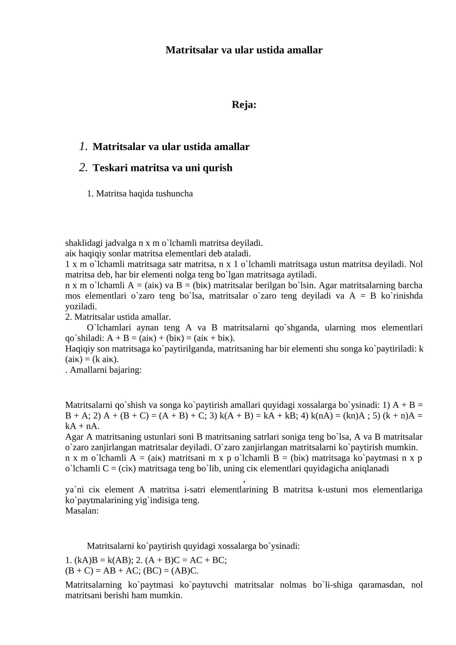 Matritsalar va ular ustida amallar