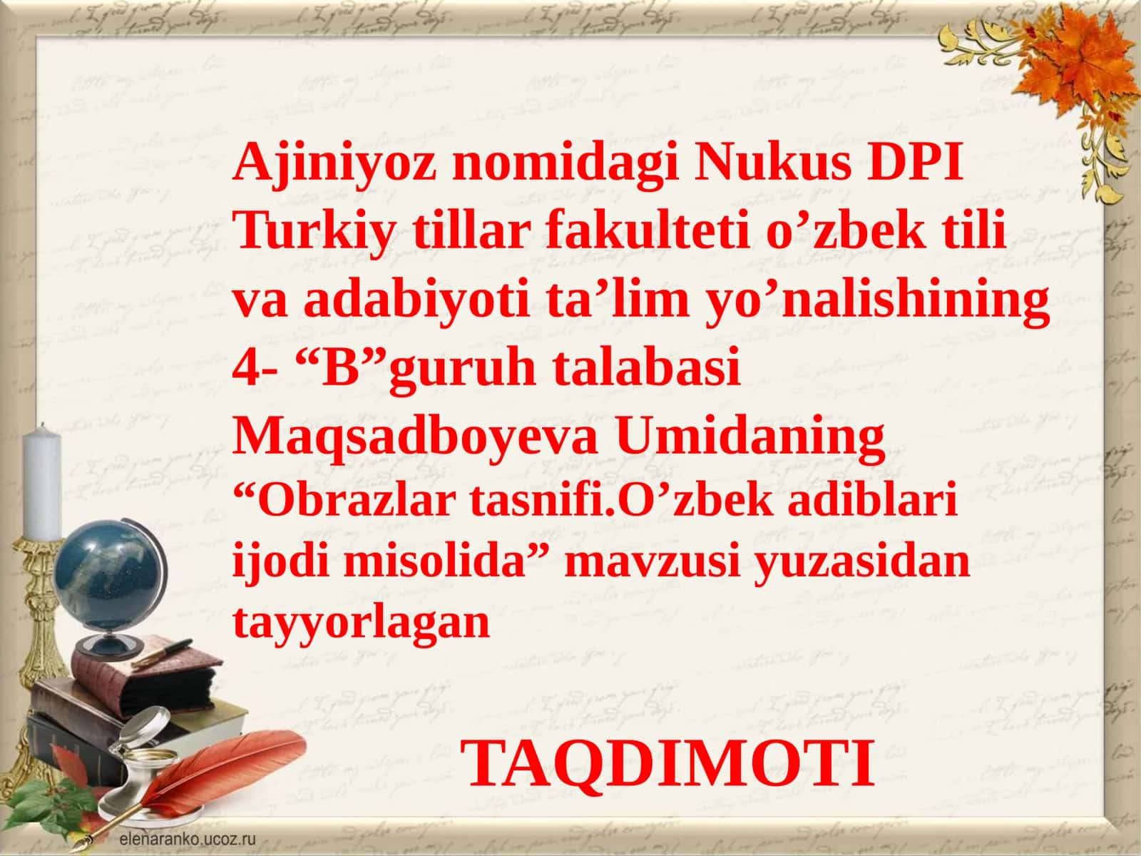 Maqsadboyeva Umidaning "Obrazlartasnifi. O'zbek adiblari ijodimisoli da"
