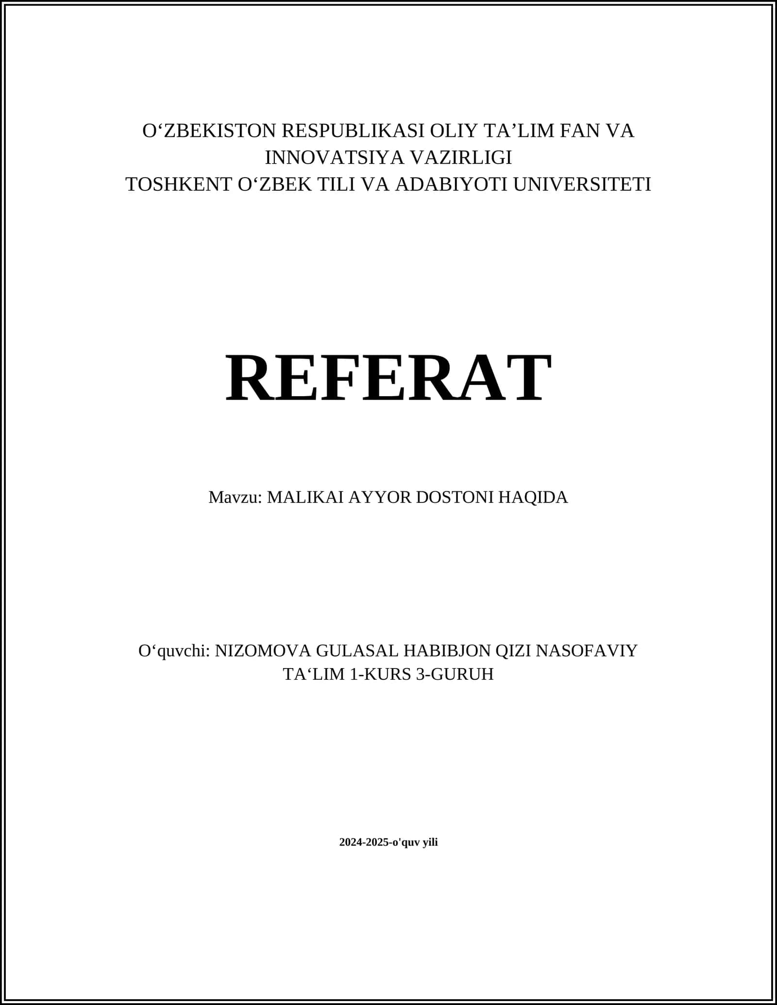 MALIKAI AYYOR DOSTONI HAQIDA