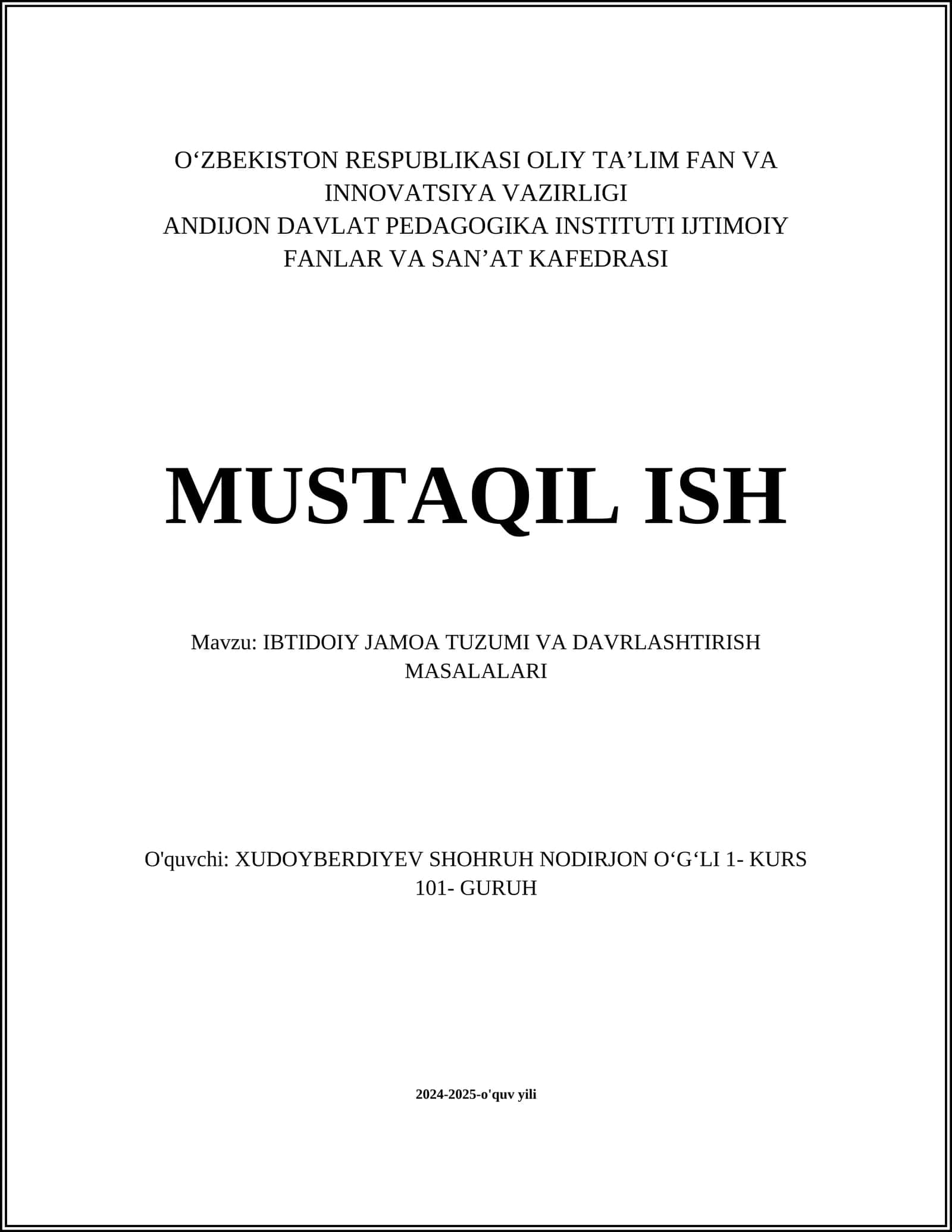 IBTIDOIY JAMOA TUZUMI VA DAVRLASHTIRISH MASALALARI