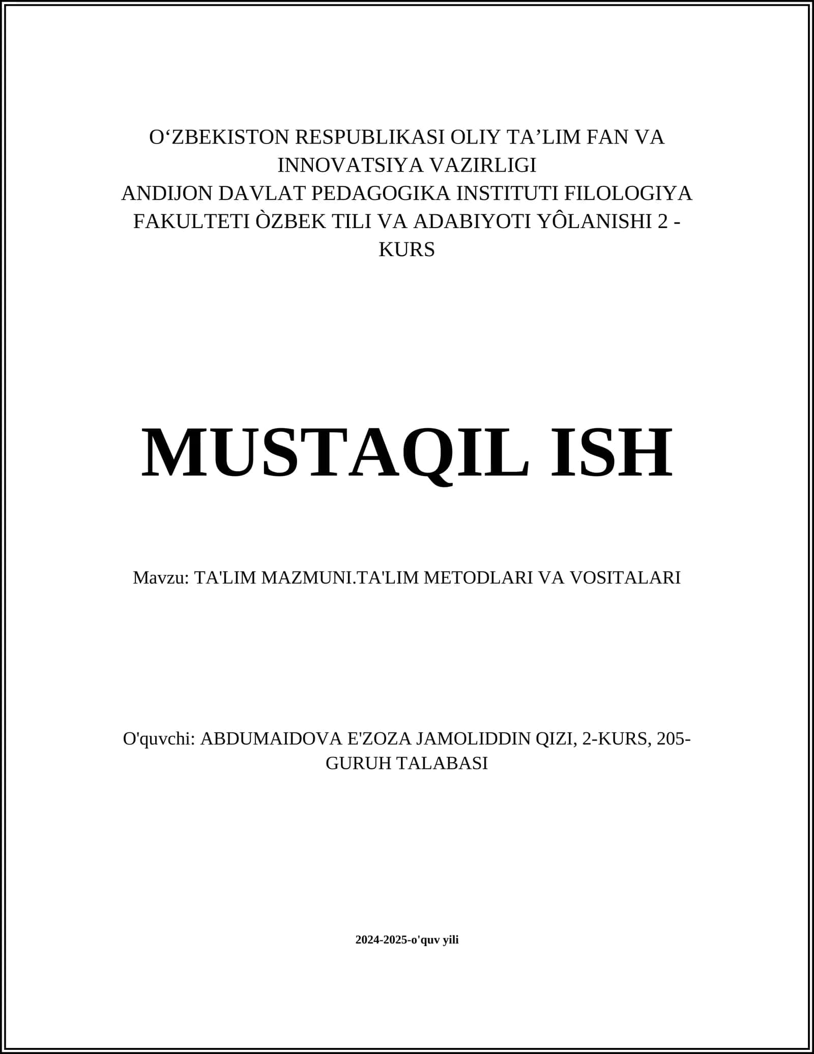 TA'LIM MAZMUNI.TA'LIM METODLARI VA VOSITALARI