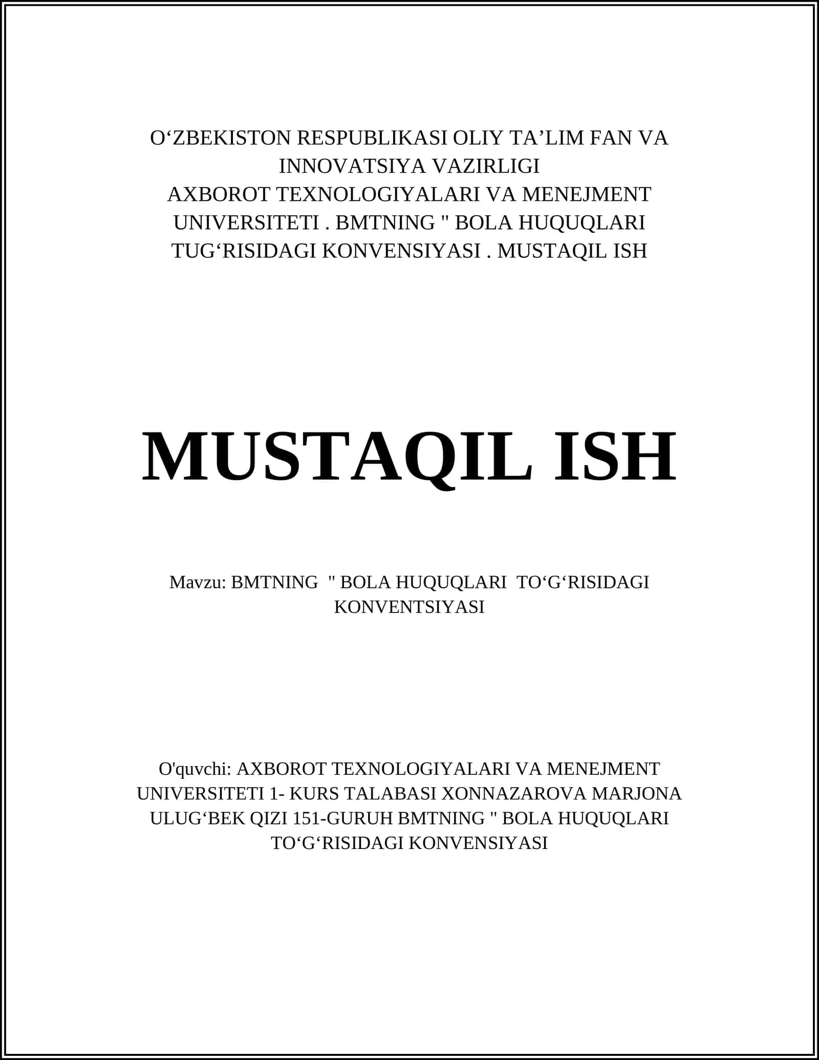 BMTNING " BOLA HUQUQLARI TOʻGʻRISIDAGI KONVENTSIYASI