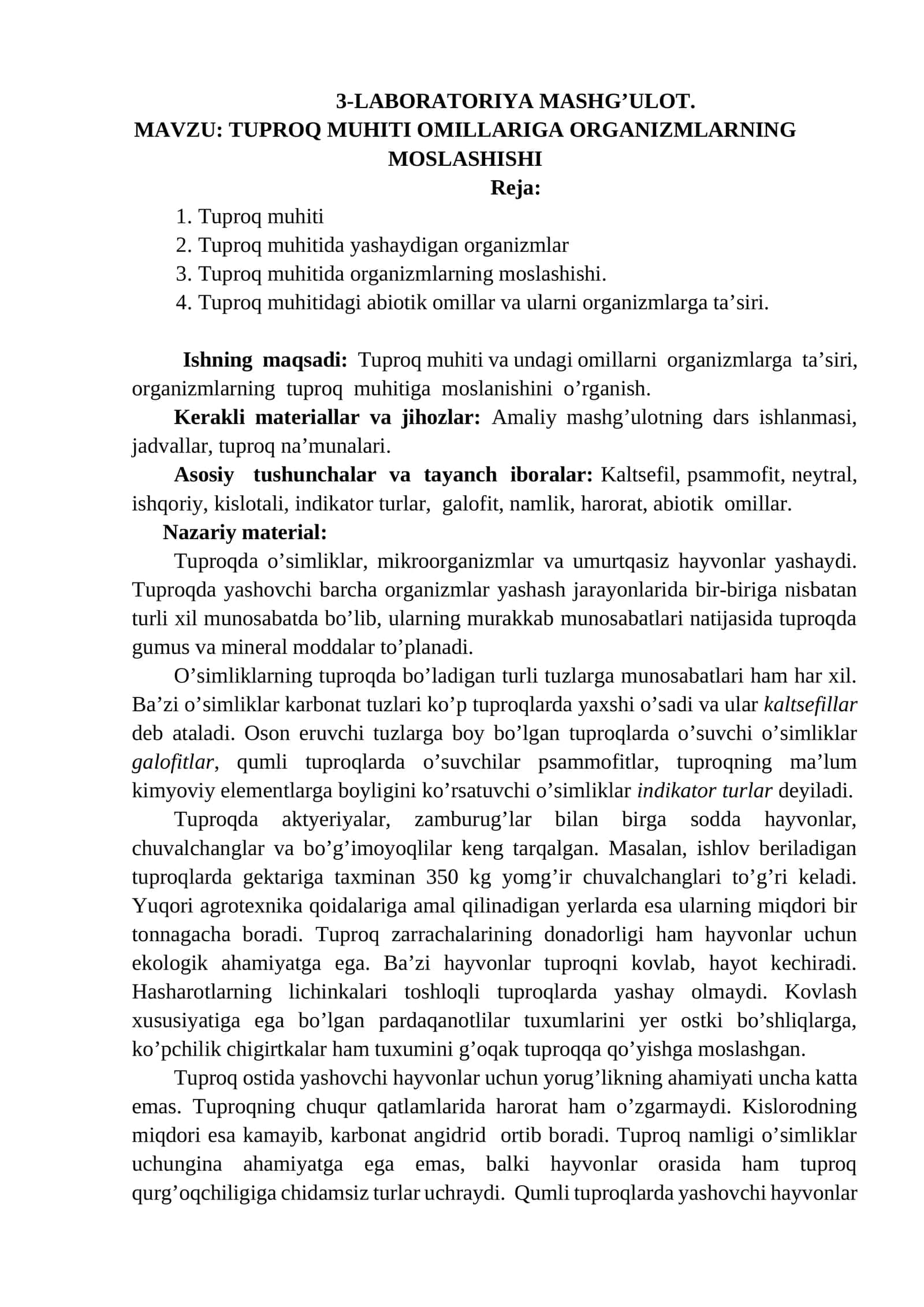 TUPROQ MUHITI OMILLARIGA ORGANIZMLARNING MOSLASHISHI