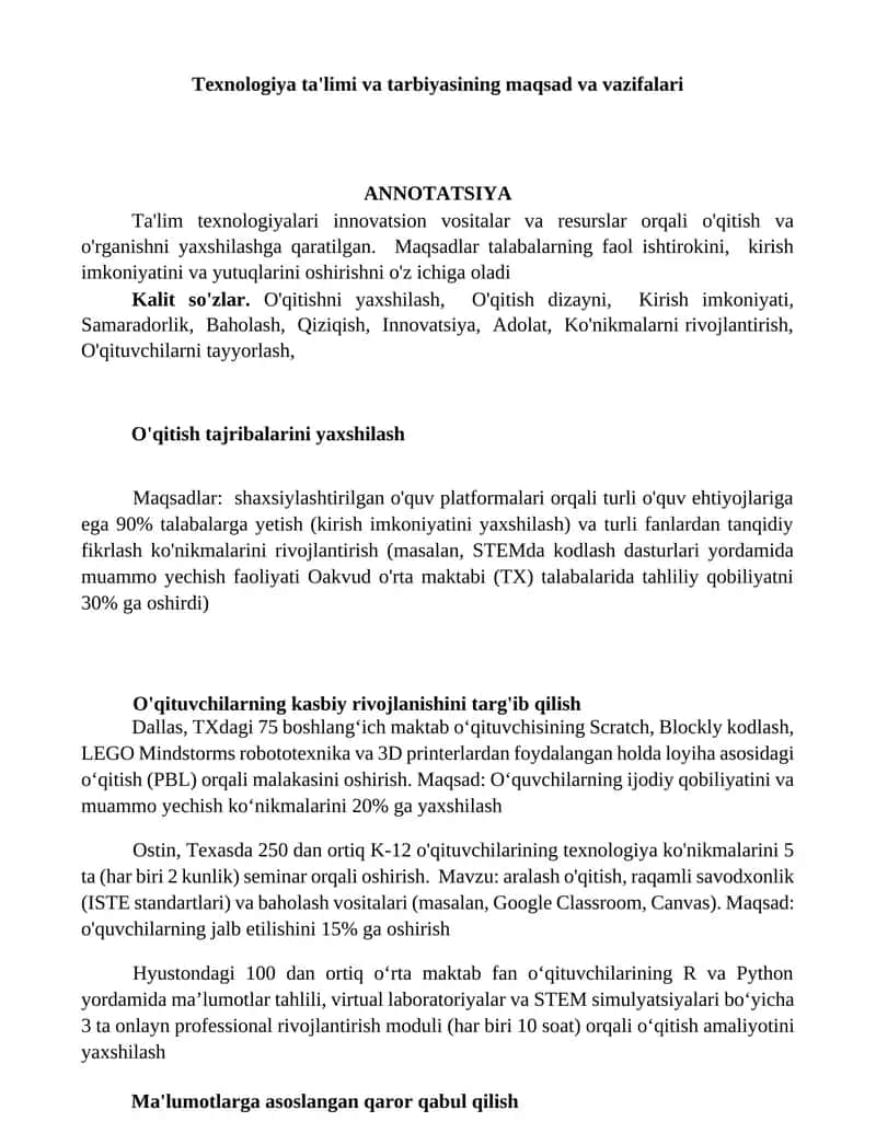 Texnologiya ta'limi va tarbiyasining maqsad va vazifalari