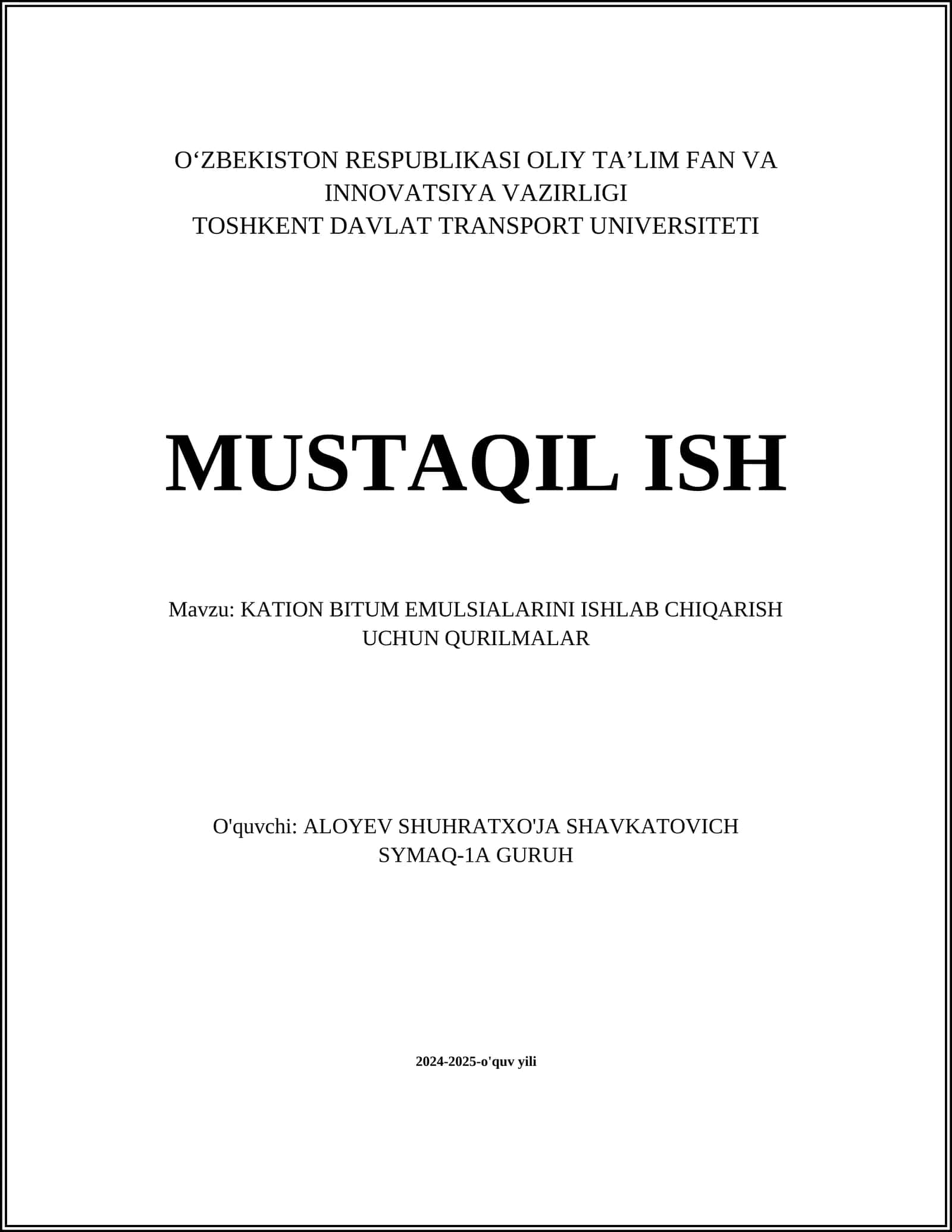 KATION BITUM EMULSIALARINI ISHLAB CHIQARISH UCHUN QURILMALAR