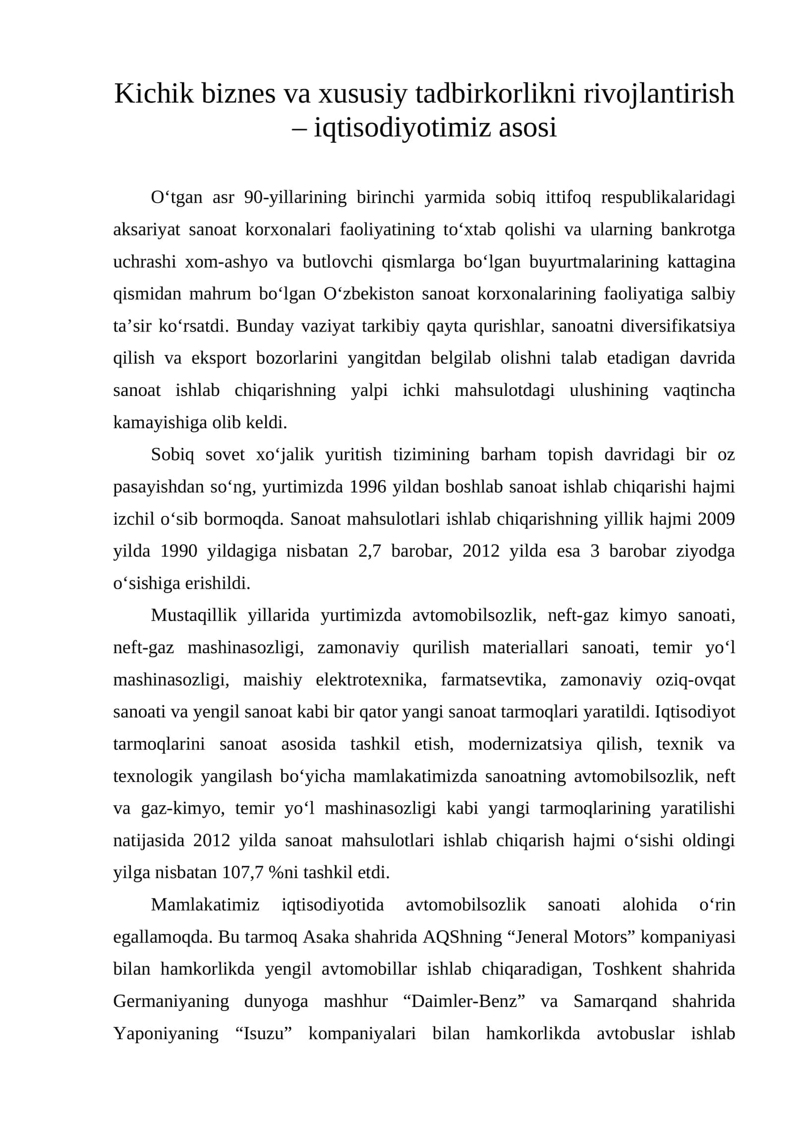 Biznes va xususiy tadbirkorlikni rivojlantirish – iqtisodiyotimiz asosi