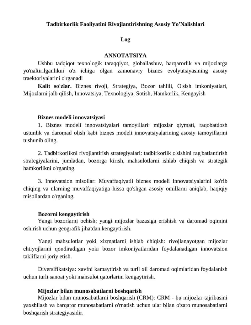 Tadbirkorlik Faoliyatini Rivojlantirishning Asosiy Yo'Nalishlari