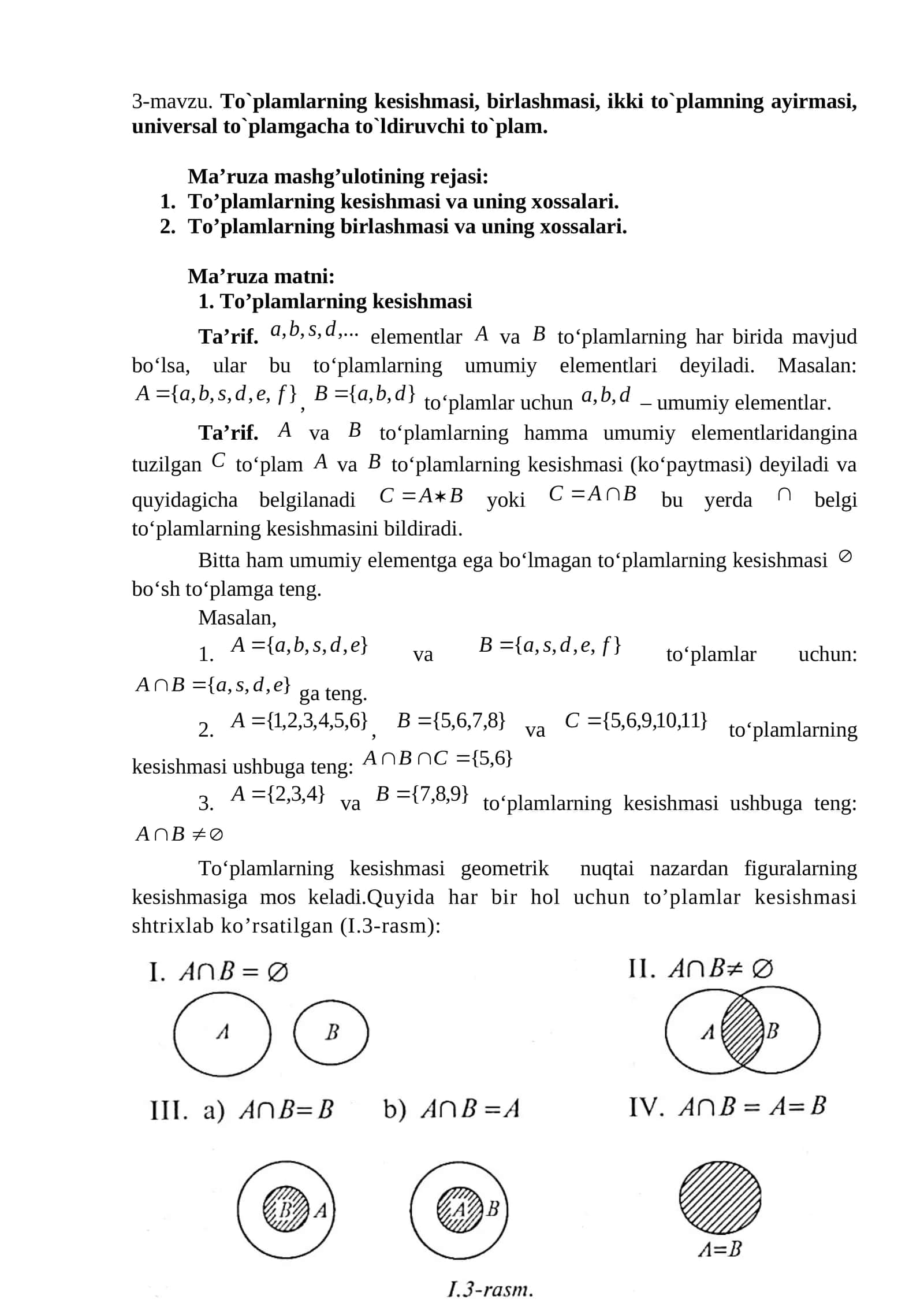 To`plamlarning kеsishmasi, birlashmasi, ikki to`plamning ayirmasi