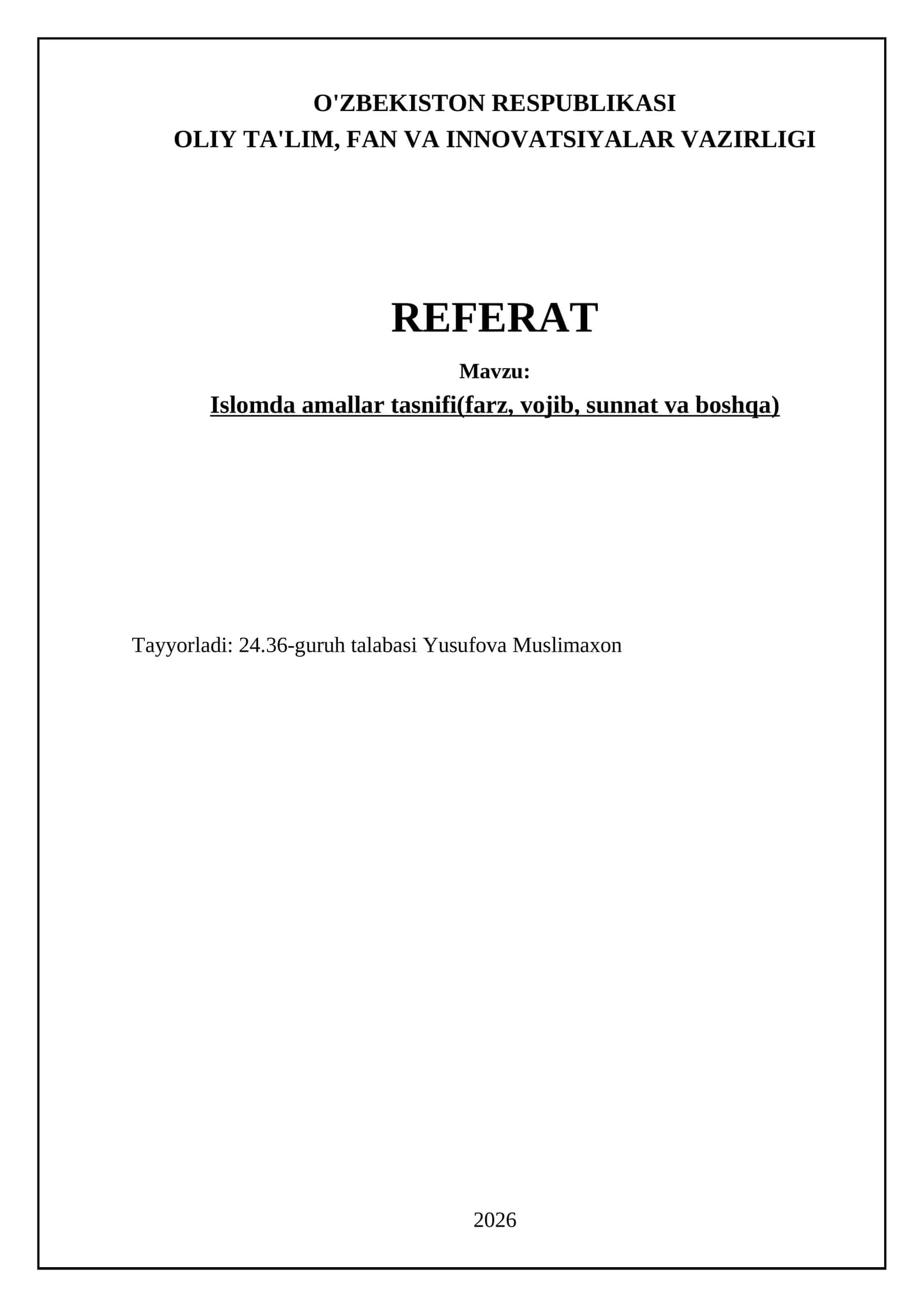 Islomda amallar tasnifi(farz, vojib, sunnat va boshqa)
