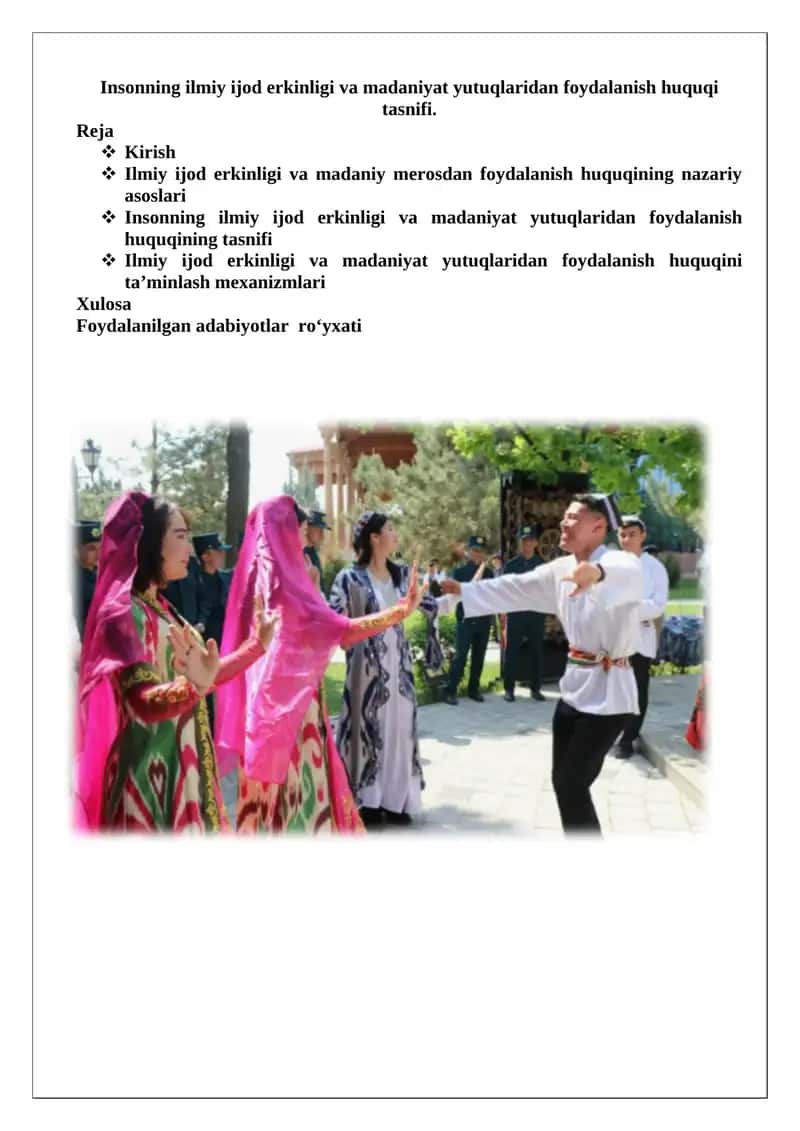Insonning ilmiy ijod erkinligi va madaniyat yutuqlaridan foydalanish huquqi tasnifi