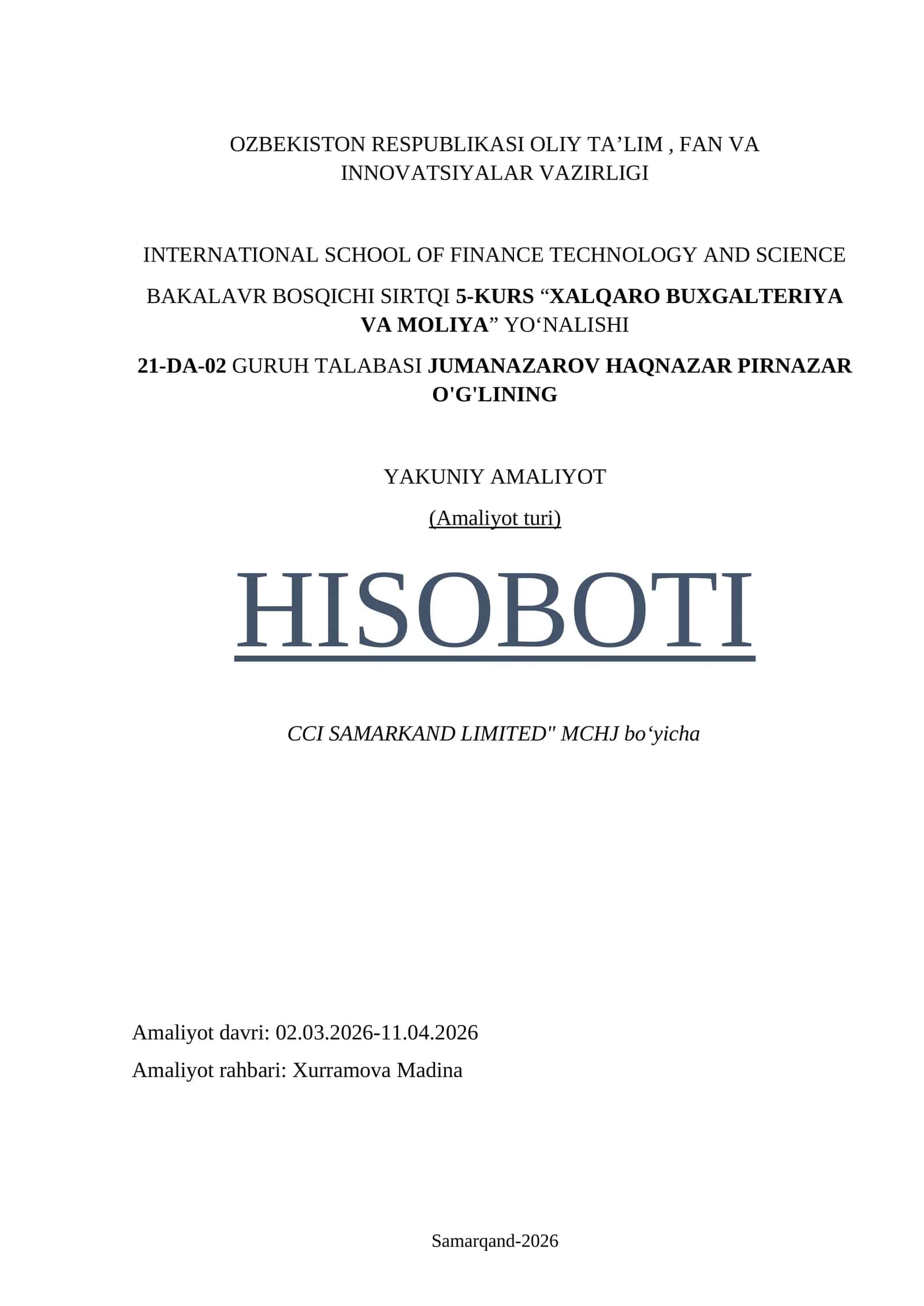 Coca cola kompaniyasi amaliyot hisoboti. CCI SAMARKAND LIMITED" MCHJ