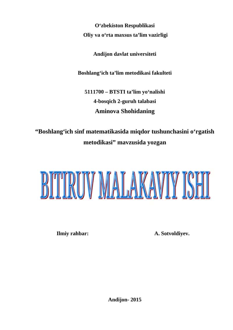 Boshlang‘ich sinf matematikasida miqdor tushunchasini o‘rgatish metodikasi