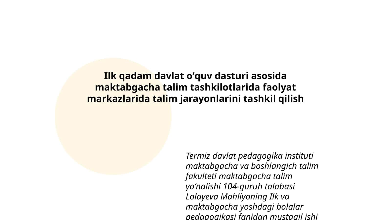 Ilk qadam davlat oʻquv dasturi asosida maktabgacha talim tashkilotlarida faolyat markazlarida talim jarayonlarini tashkil qilish