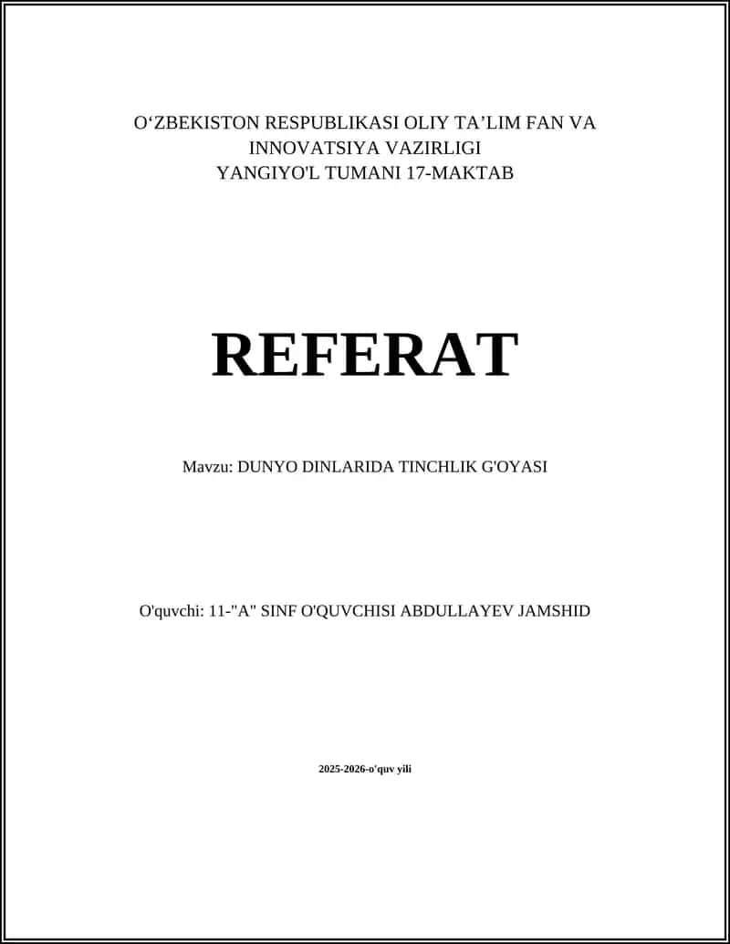 DUNYO DINLARIDA TINCHLIK G'OYASI