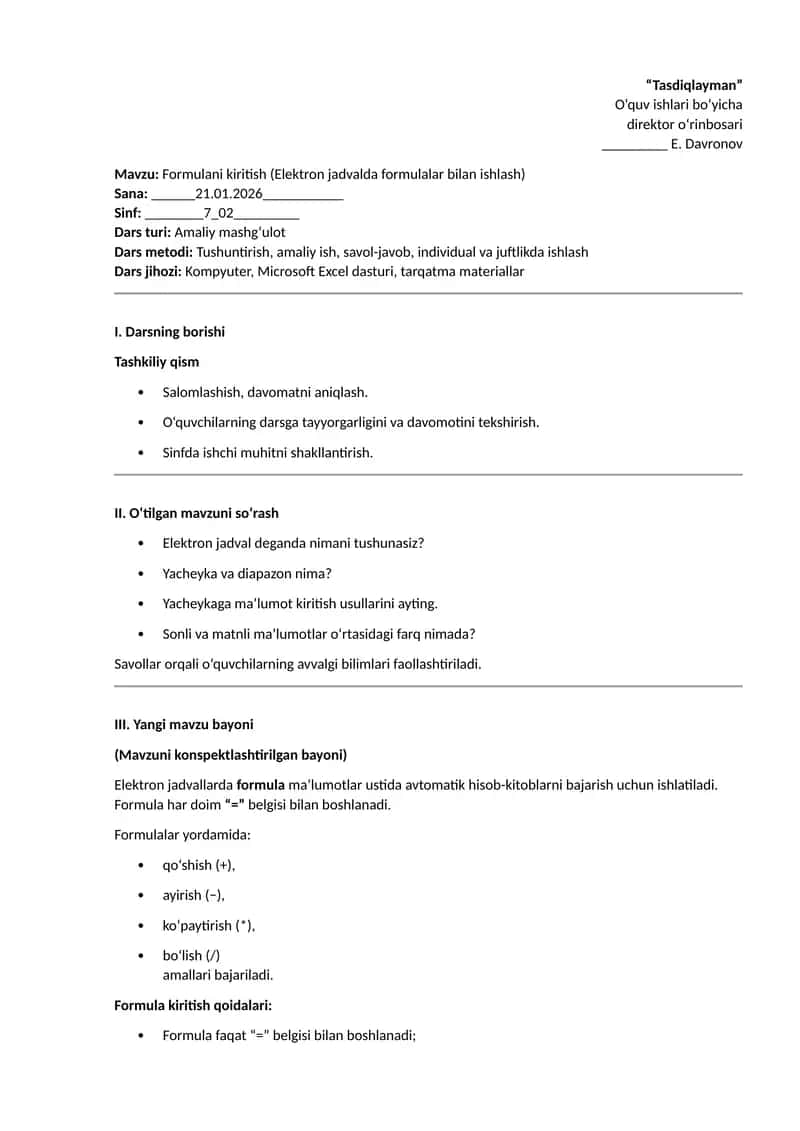 Mavzu: Formulani kiritish (Elektron jadvalda formulalar bilan ishlash)
