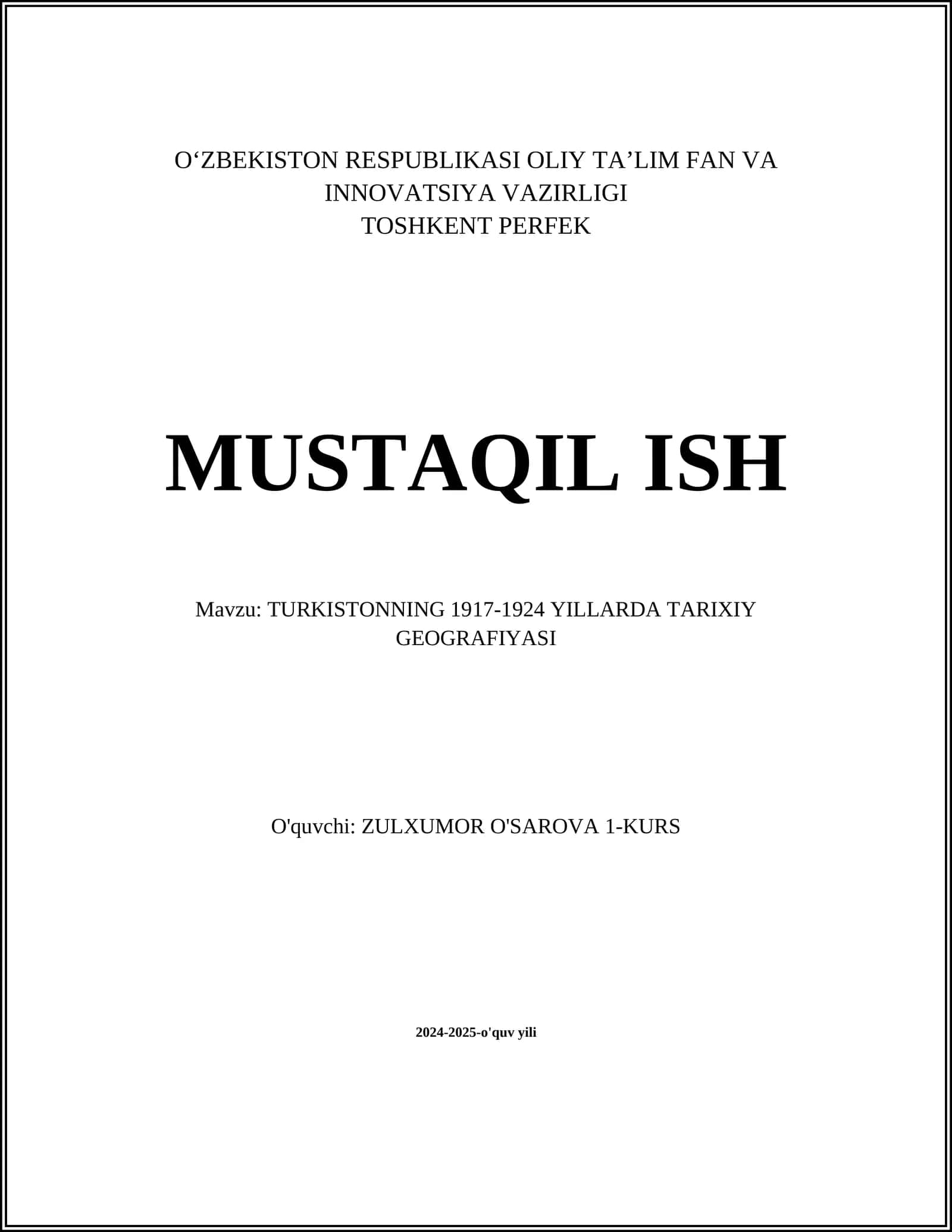 TURKISTONNING 1917-1924 YILLARDA TARIXIY GEOGRAFIYASI