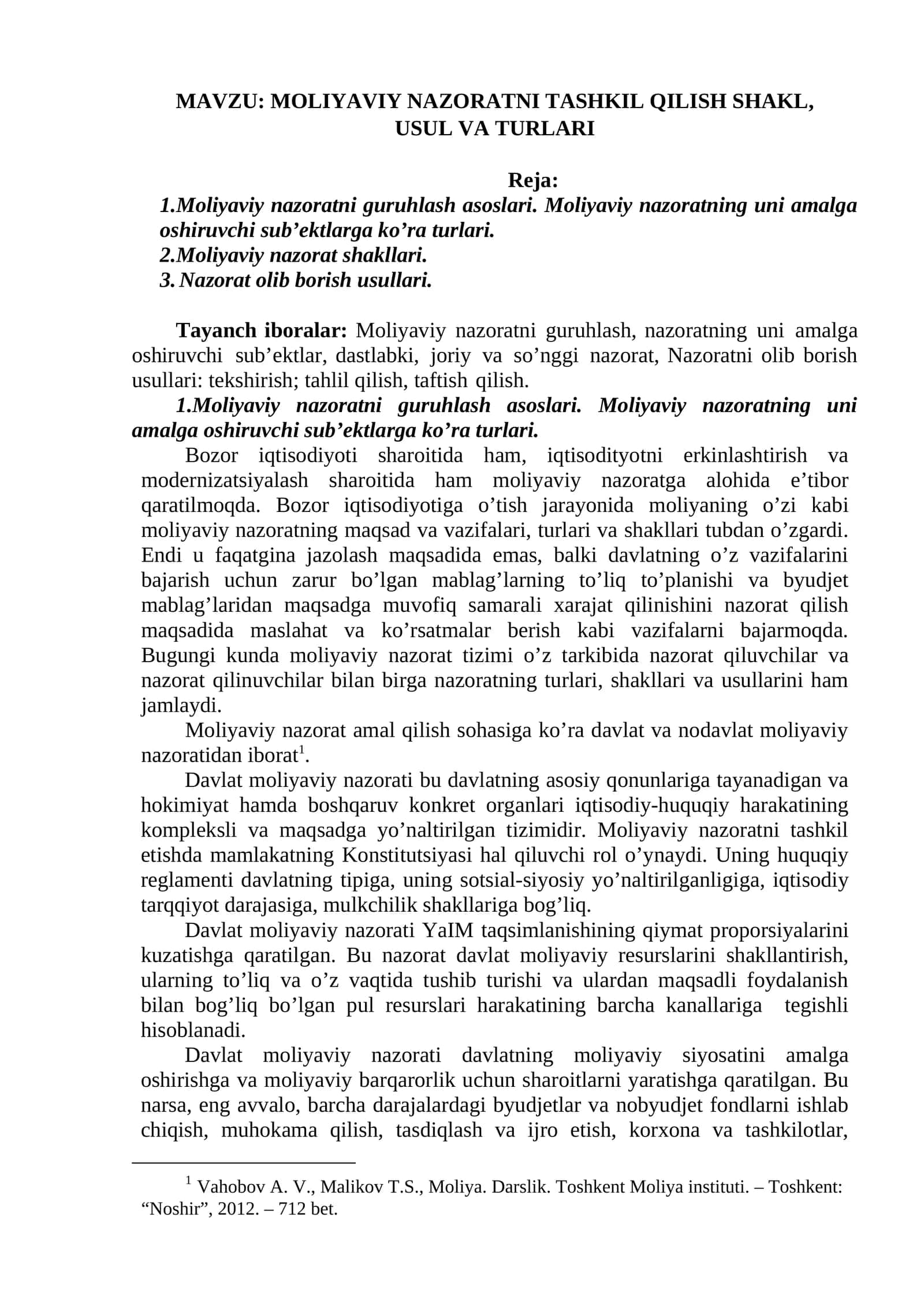 Moliyaviy nazoratni tashkil qilish shakl, usul va turlari