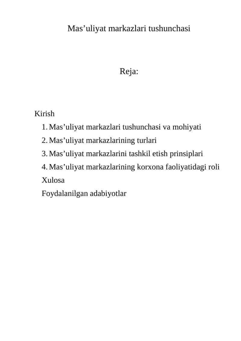 Mas’uliyat markazlari tushunchasi