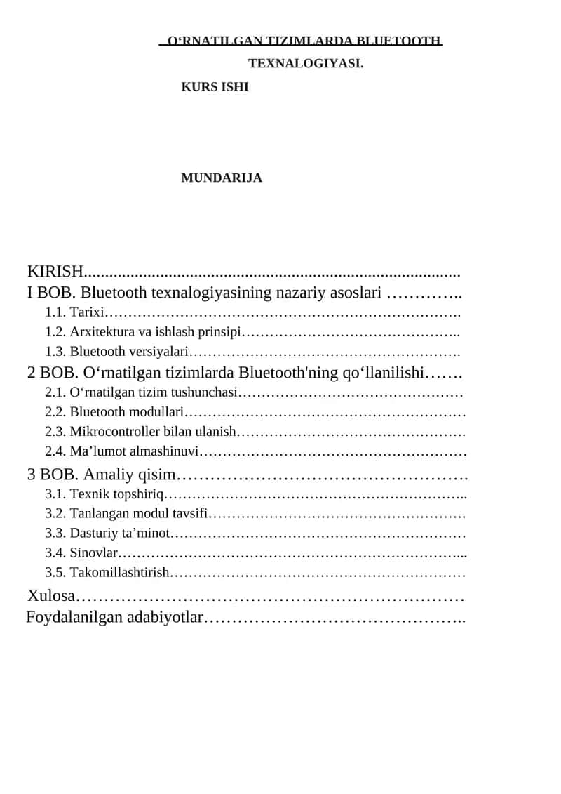 OʻRNATILGAN TIZIMLARDA BLUETOOTH TEXNALOGIYASI.