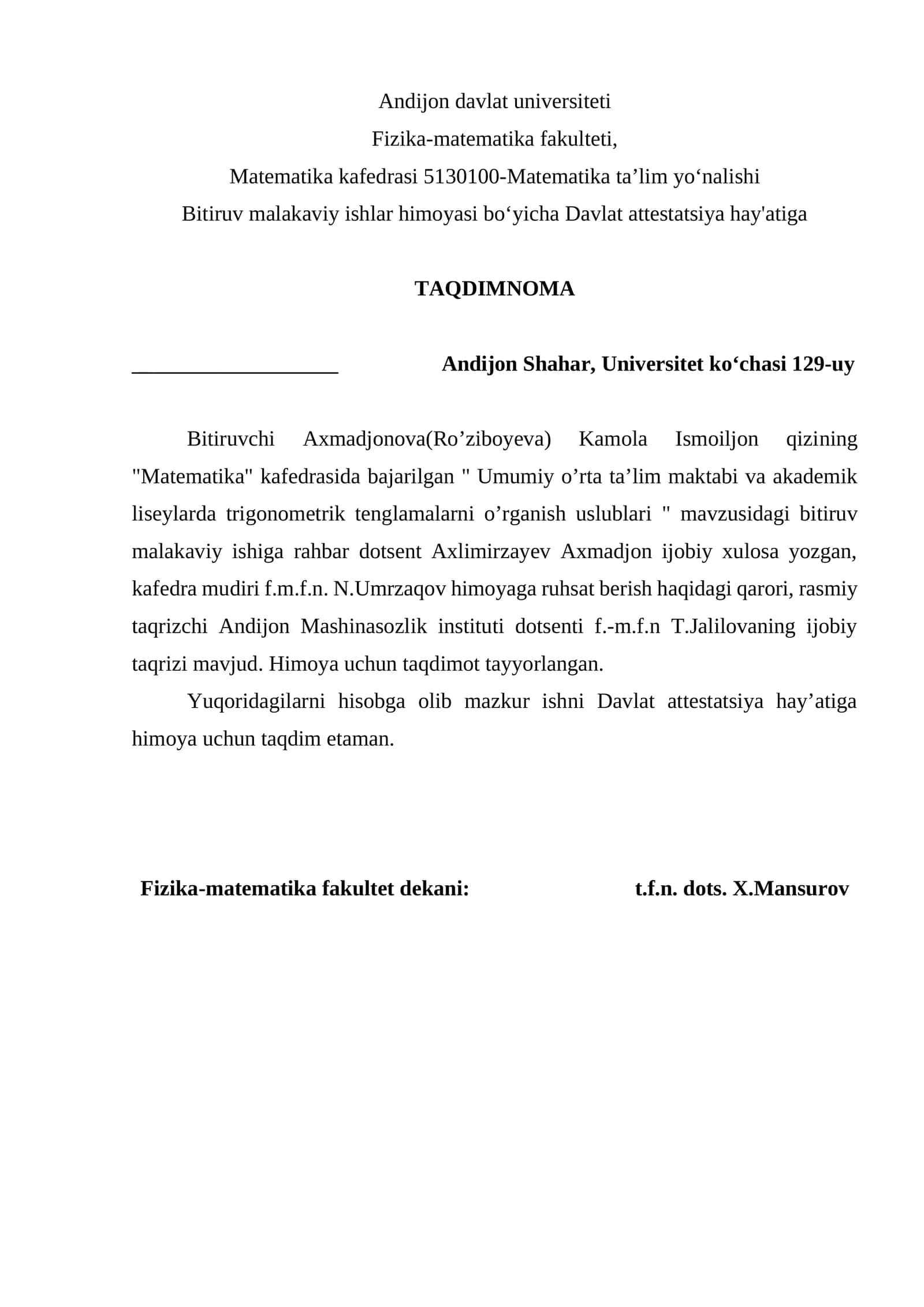 Umumiy o’rta ta’lim maktabi va akademik liseylarda trigonometrik tenglamalarni o’rganish uslublari