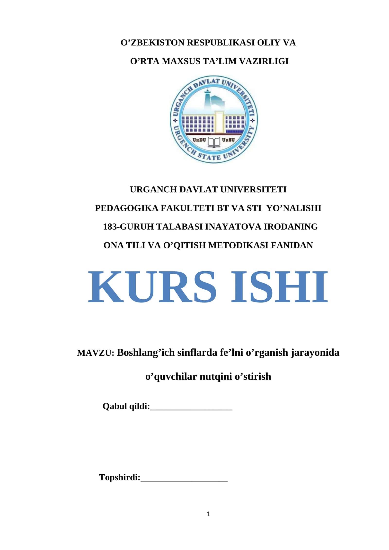 KURS ISHI - Boshlang’ich sinflarda fe’lni o’rganish jarayonida o’quvchilar nutqini o’stirish