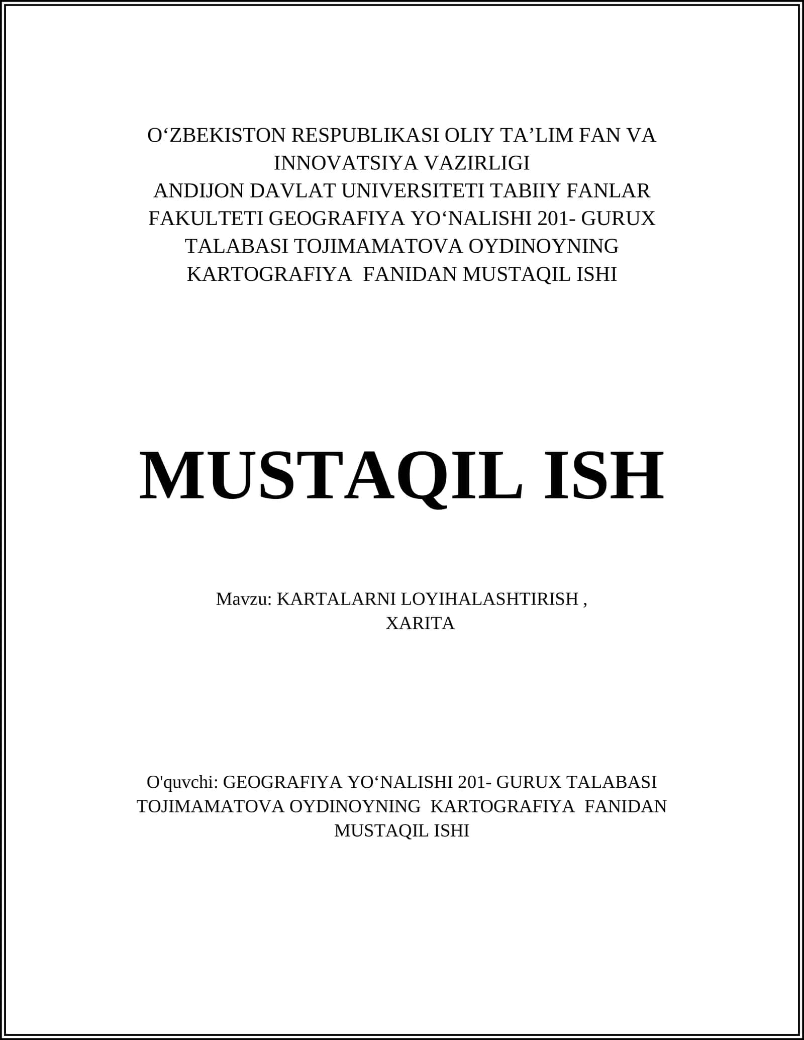 KARTOGRAFIYA FANIDAN MUSTAQIL ISHI