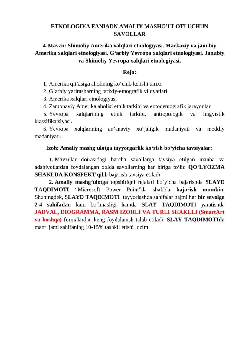 ETNOLOGIYA FANIADN AMALIY MASHG’ULOTI UCHUN SAVOLLAR