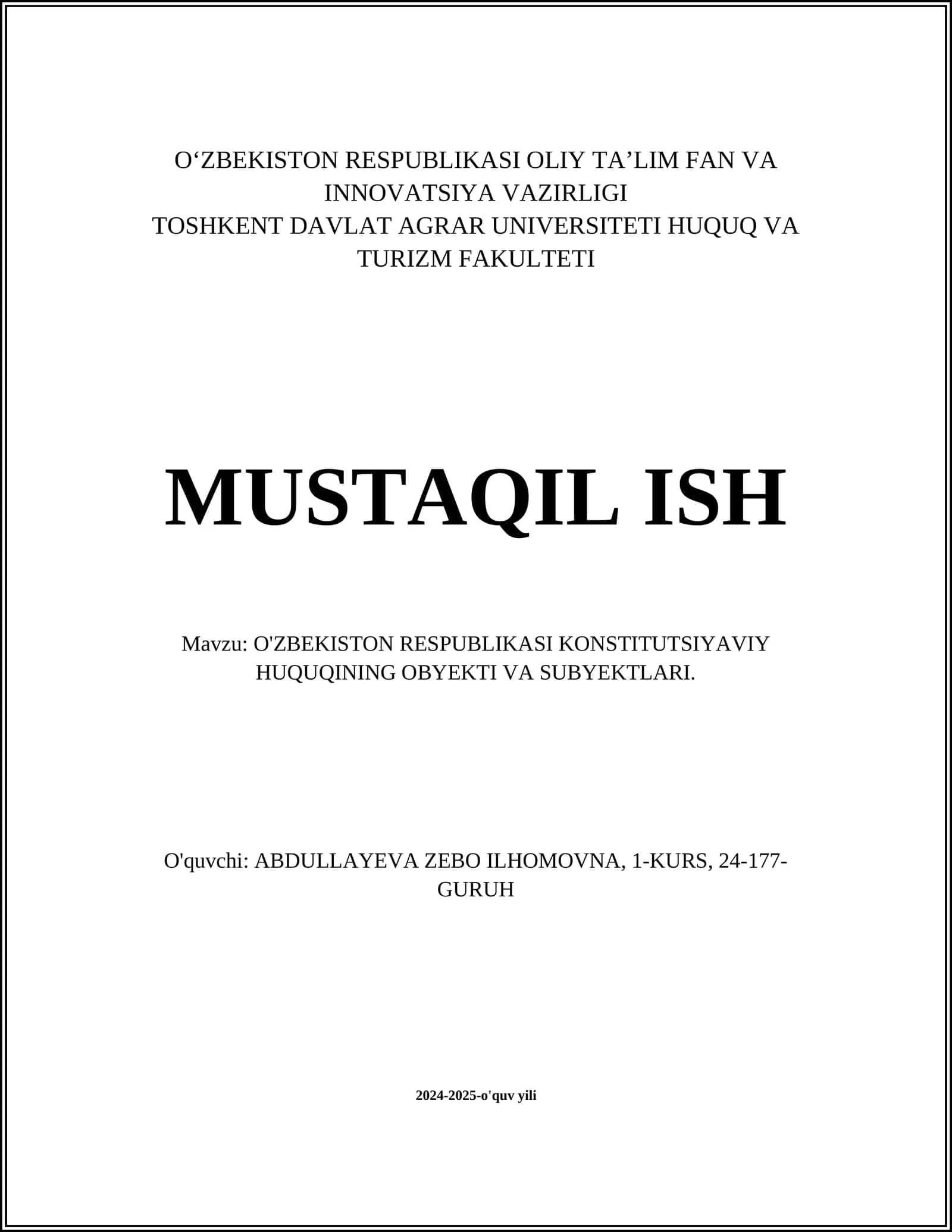 O'ZBEKISTON RESPUBLIKASI KONSTITUTSIYAVIY HUQUQINING OBYEKTI VA SUBYEKTLARI