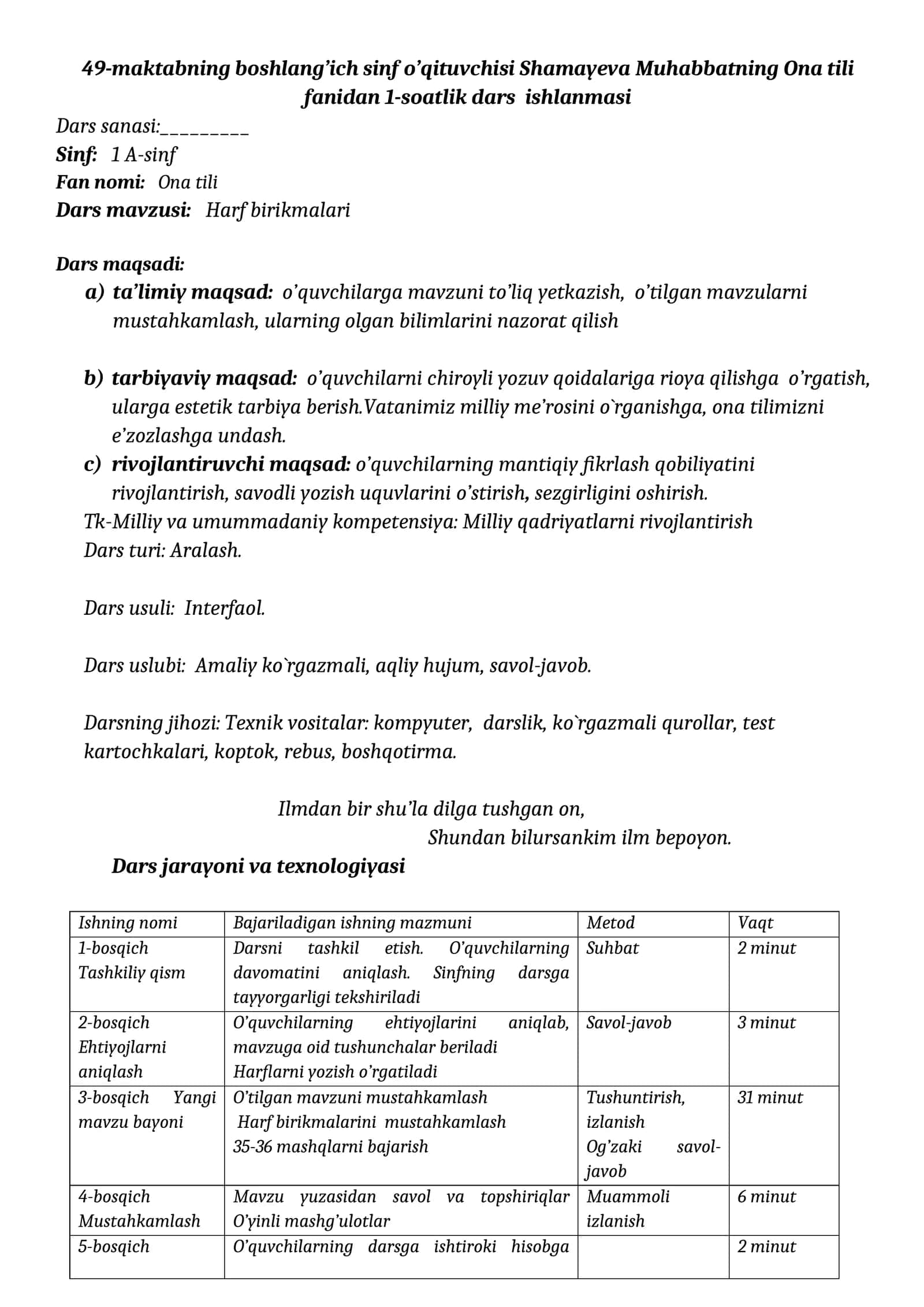 Ona tili fanidan 1-soatlik dars ishlanmasi