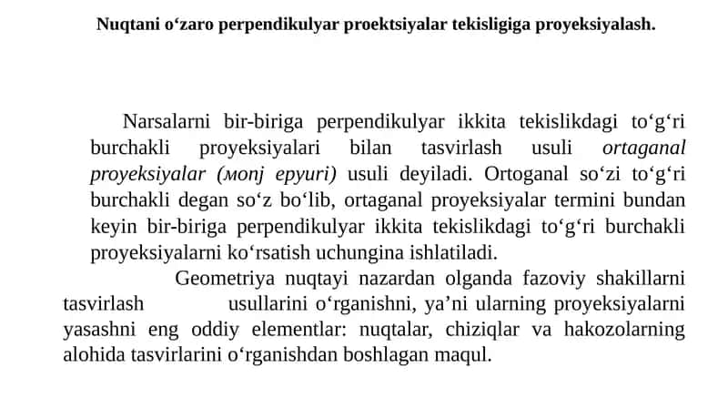 Nuqtani o‘zaro perpendikulyar proektsiyalar tekisligiga proyeksiyalash