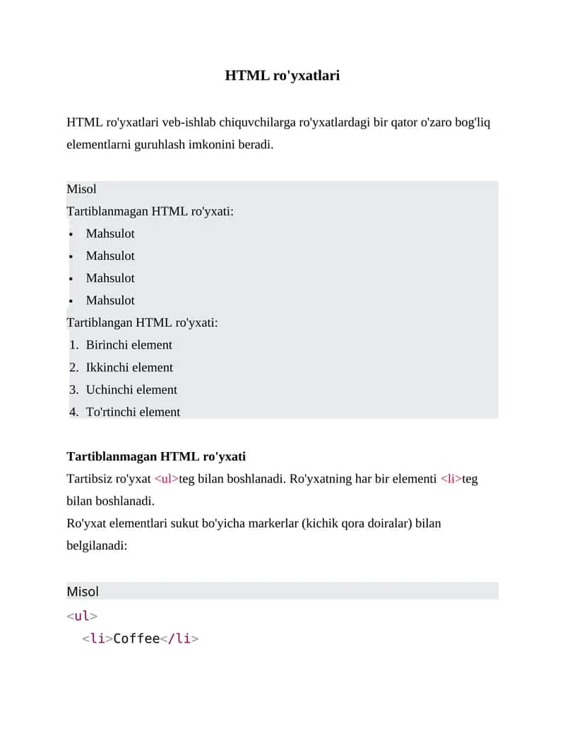 HTML ro'yxatlar bilan ishlash (kodlari bilan)