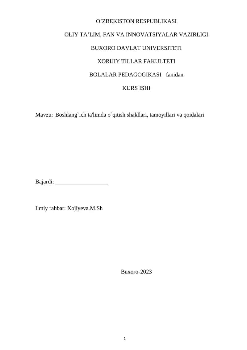 Boshlang`ich ta'limda o`qitish shakllari, tamoyillari va qoidalari