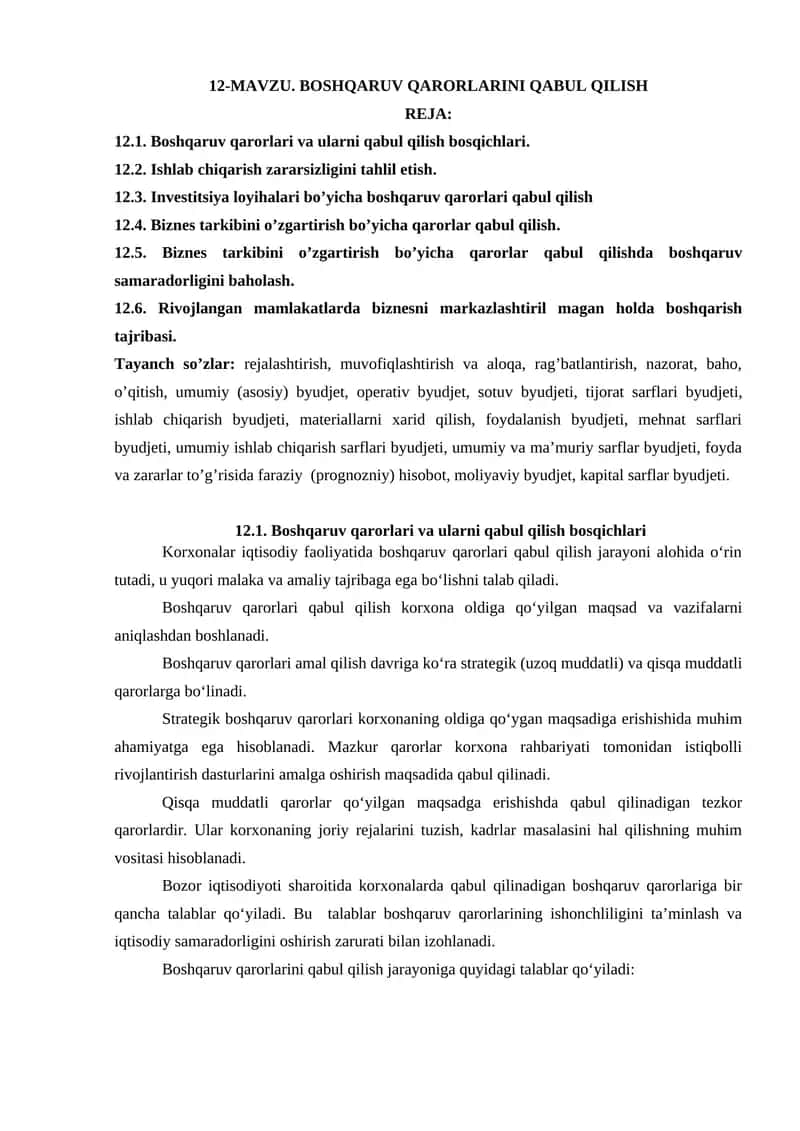 BOSHQARUV QARORLARINI QABUL QILISH